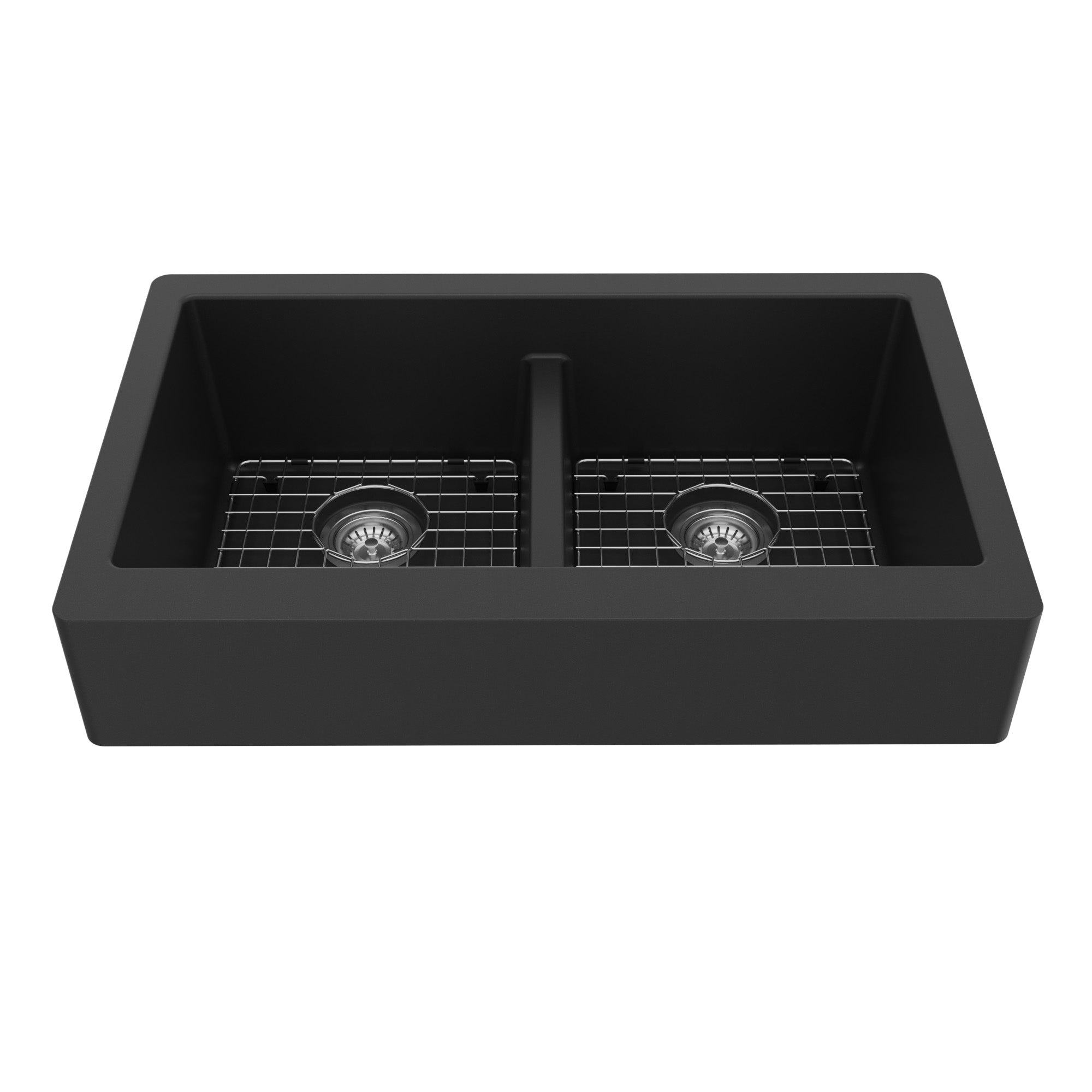 34" Retrofit Farmhouse Double Equal Bowl Quartz Composite Kitchen Sink Kit In Black