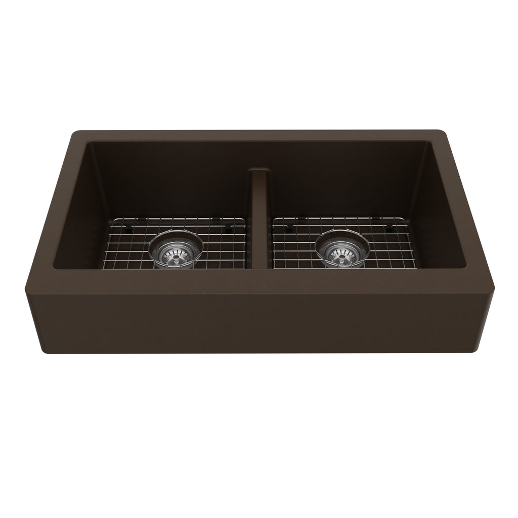 34" Retrofit Farmhouse Double Equal Bowl Quartz Composite Kitchen Sink Kit In Brown