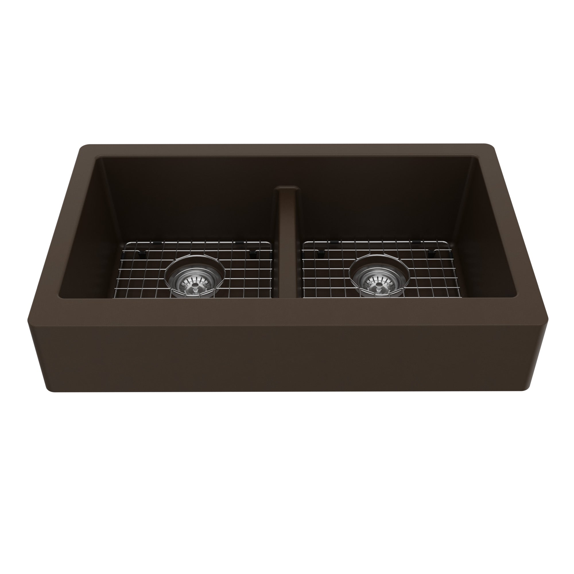 34" Retrofit Farmhouse Double Equal Bowl Quartz Composite Kitchen Sink Kit In Brown