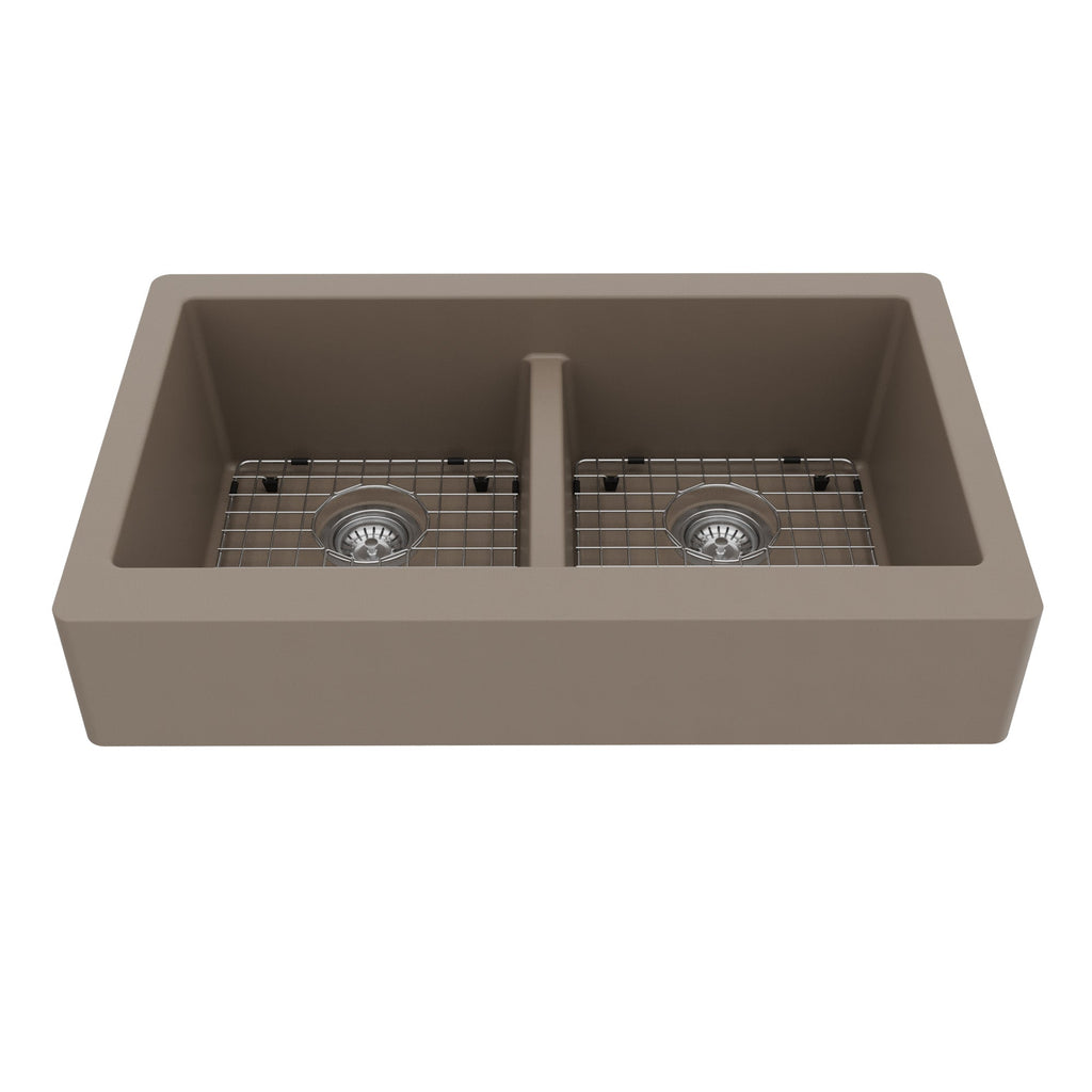 34" Retrofit Farmhouse Double Equal Bowl Quartz Composite Kitchen Sink Kit In Concrete