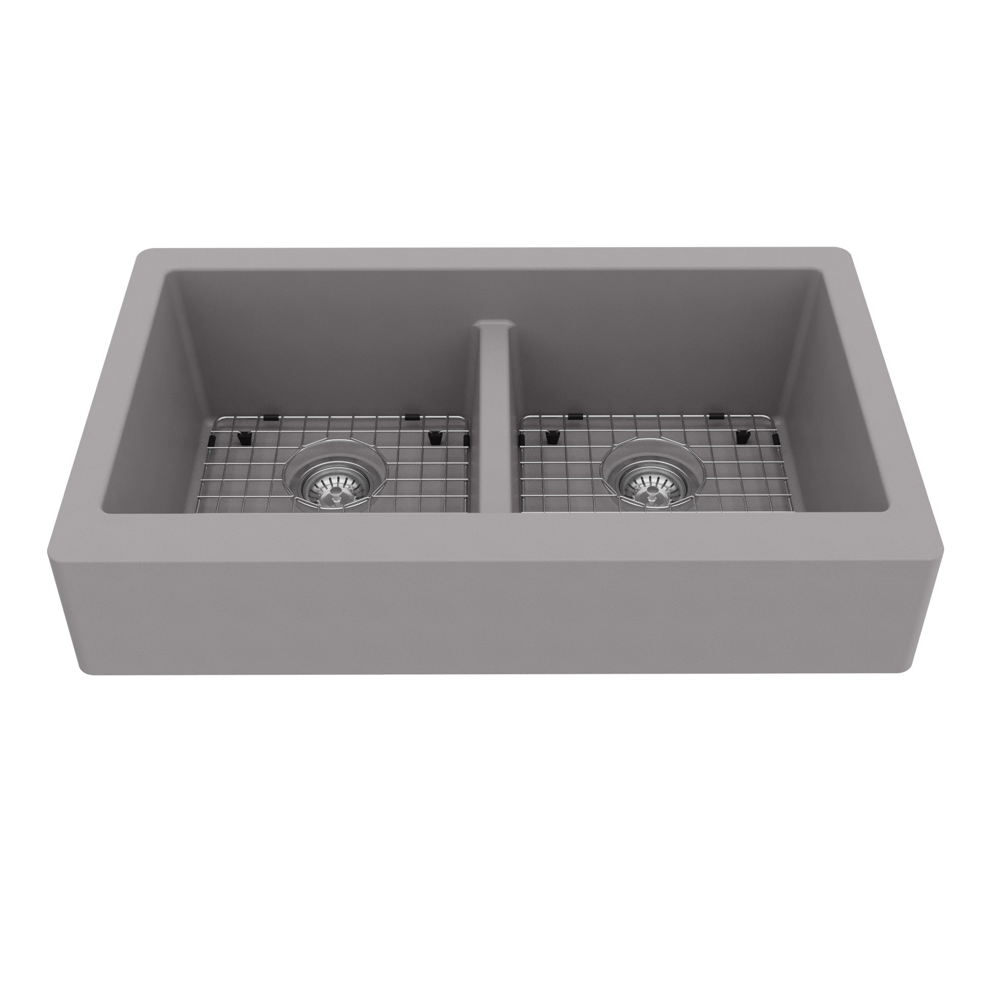 34" Retrofit Farmhouse Double Equal Bowl Quartz Composite Kitchen Sink Kit In Grey