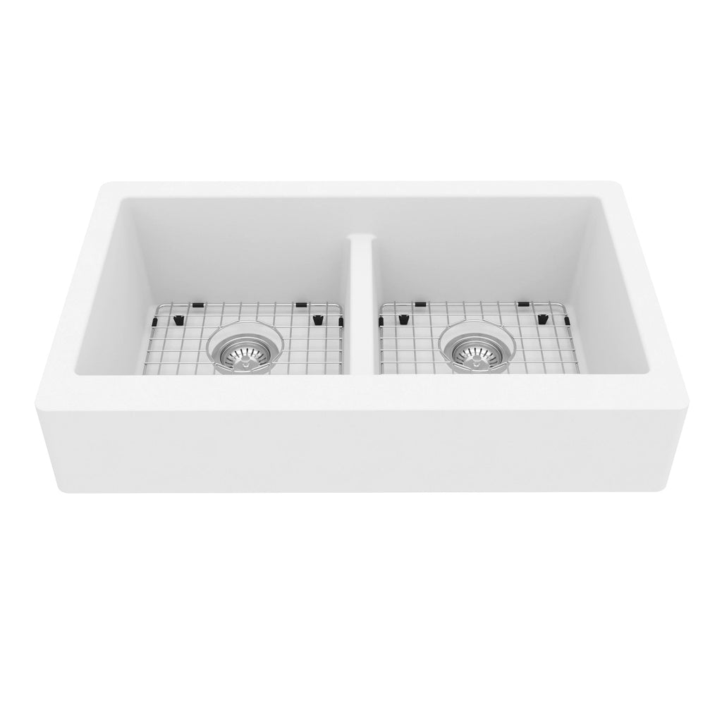 34" Retrofit Farmhouse Double Equal Bowl Quartz Composite Kitchen Sink Kit In White