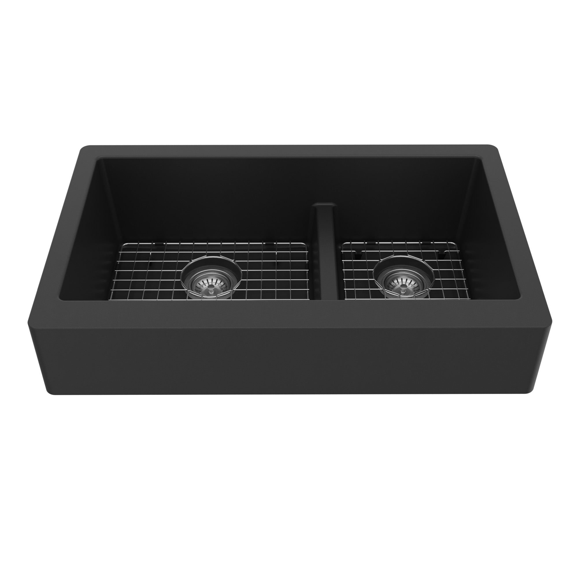 34" Retrofit Farmhouse Double Offset Bowl Quartz Composite Kitchen Sink Kit In Black