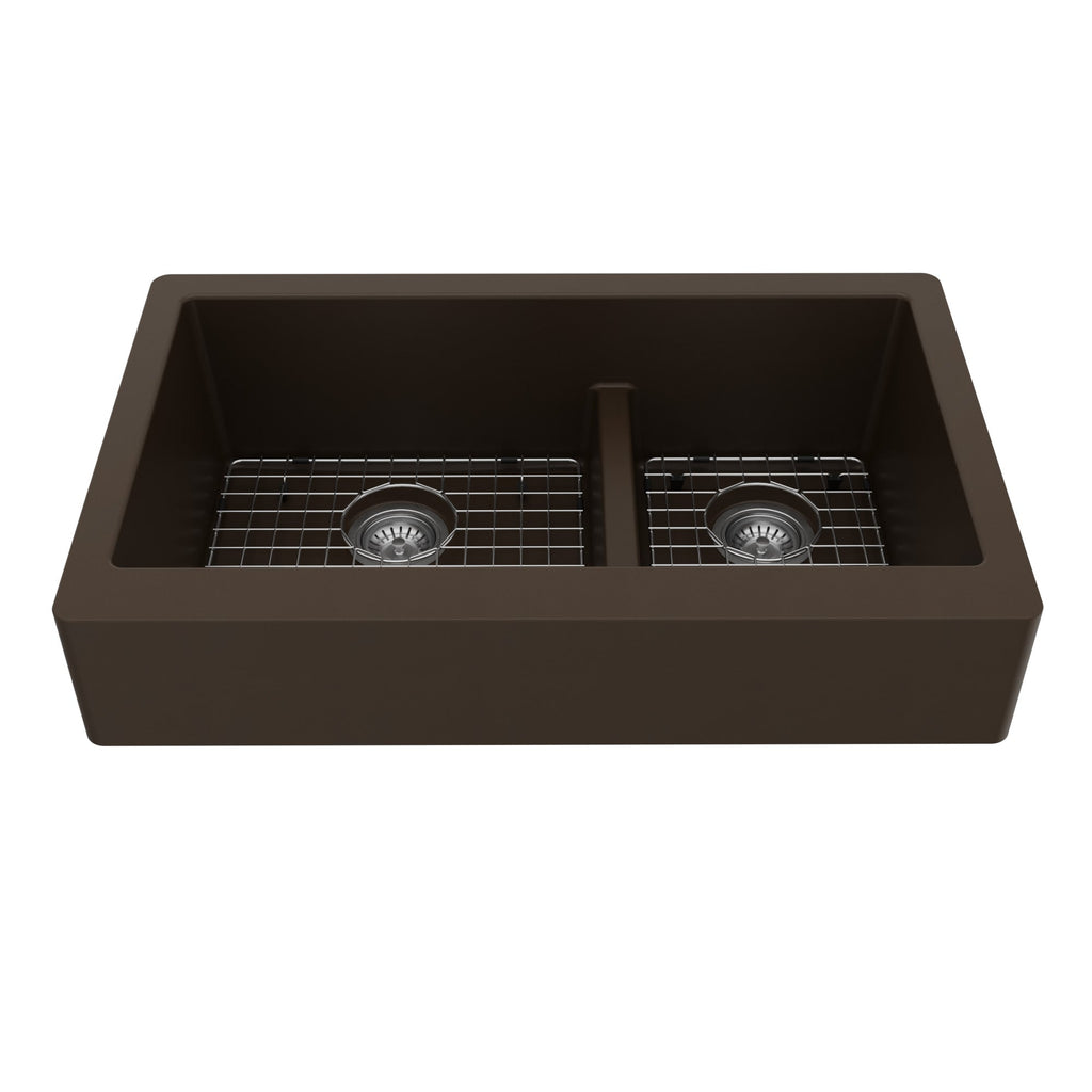 34" Retrofit Farmhouse Double Offset Bowl Quartz Composite Kitchen Sink Kit In Brown