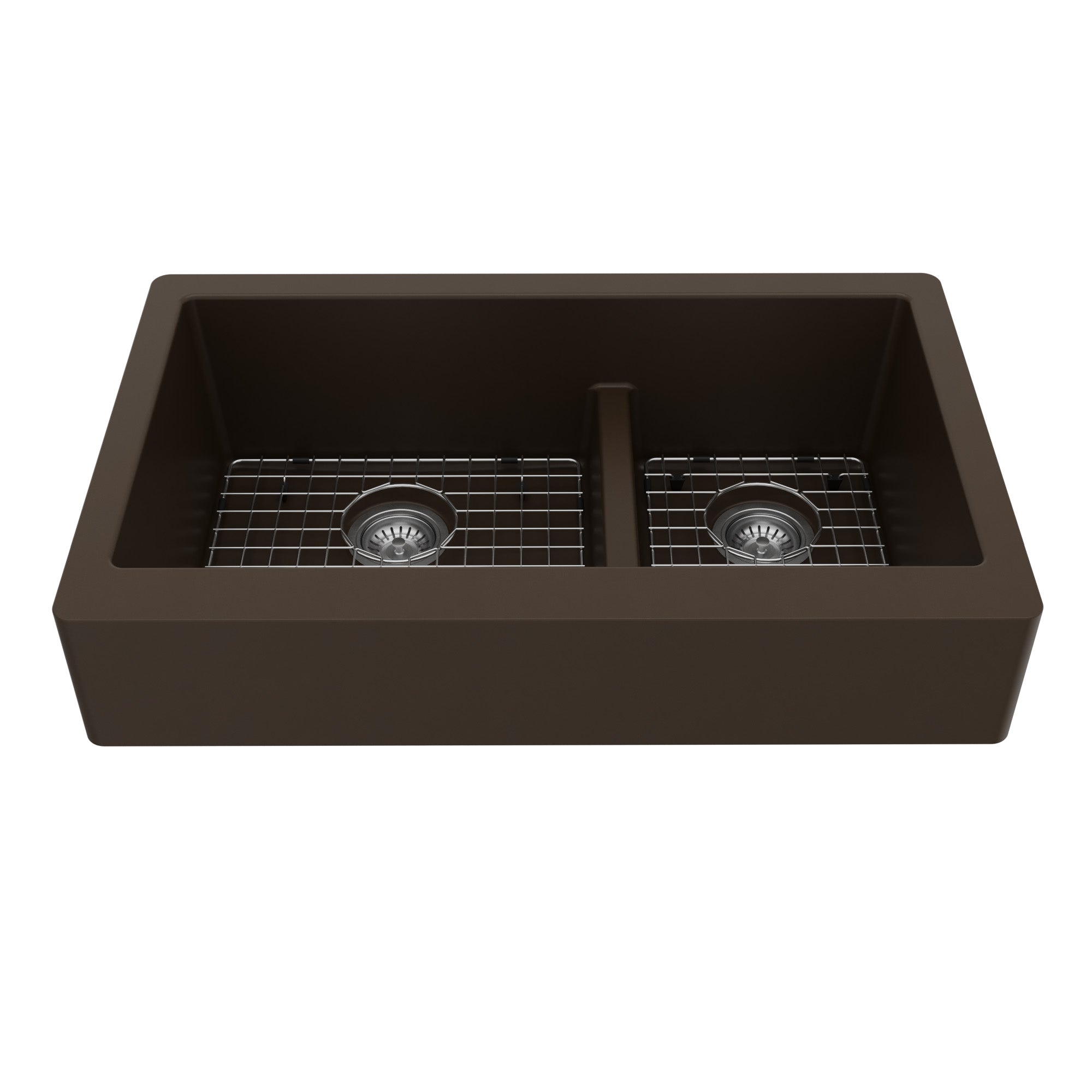 34" Retrofit Farmhouse Double Offset Bowl Quartz Composite Kitchen Sink Kit In Brown