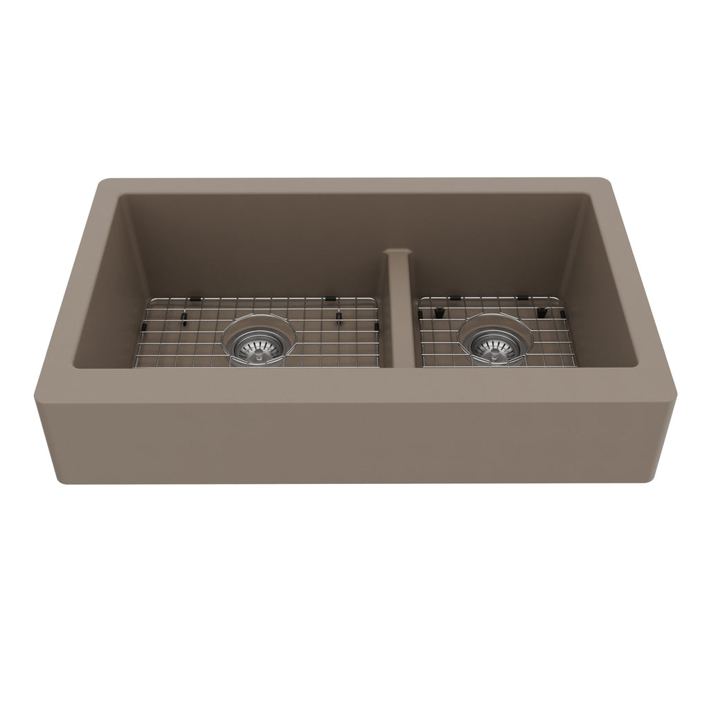 34" Retrofit Farmhouse Double Offset Bowl Quartz Composite Kitchen Sink Kit In Concrete