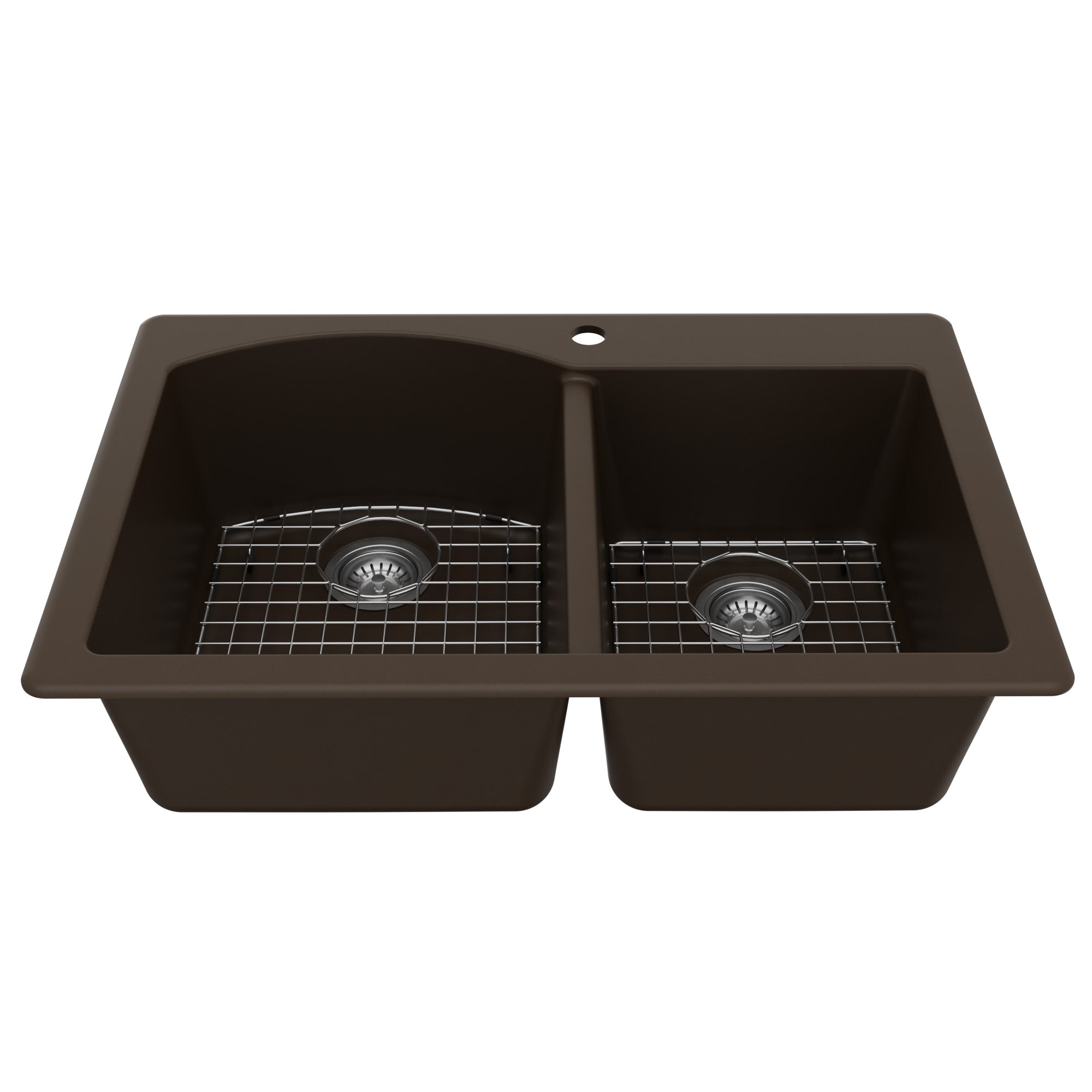 33" Top Mount Double Offset Bowl Quartz Composite Kitchen Sink Kit In Brown