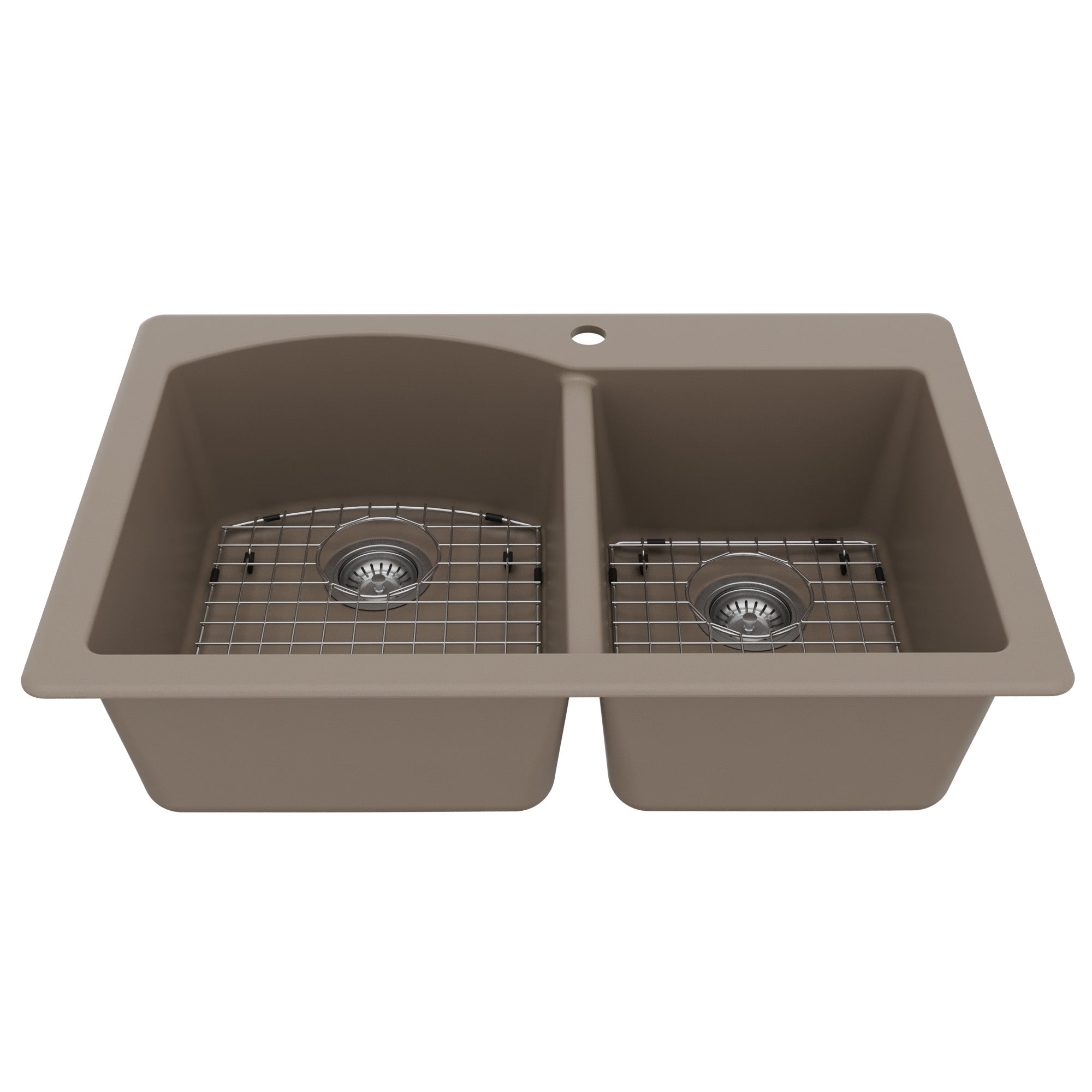 33" Top Mount Double Offset Bowl Quartz Composite Kitchen Sink Kit In Concrete