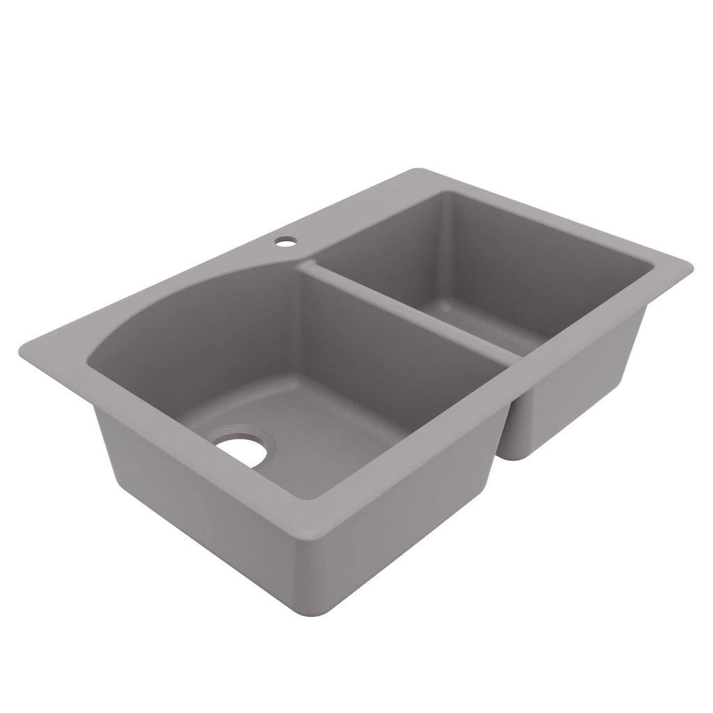 33" Top Mount Double Offset Bowl Quartz Composite Kitchen Sink In Grey