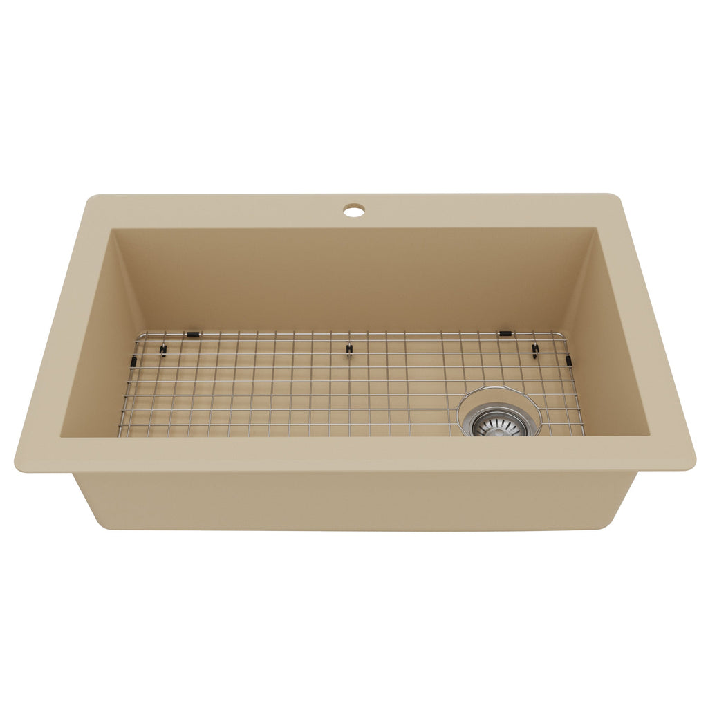 33" Top Mount Large Single Bowl Quartz Composite Kitchen Sink Kit In Bisque