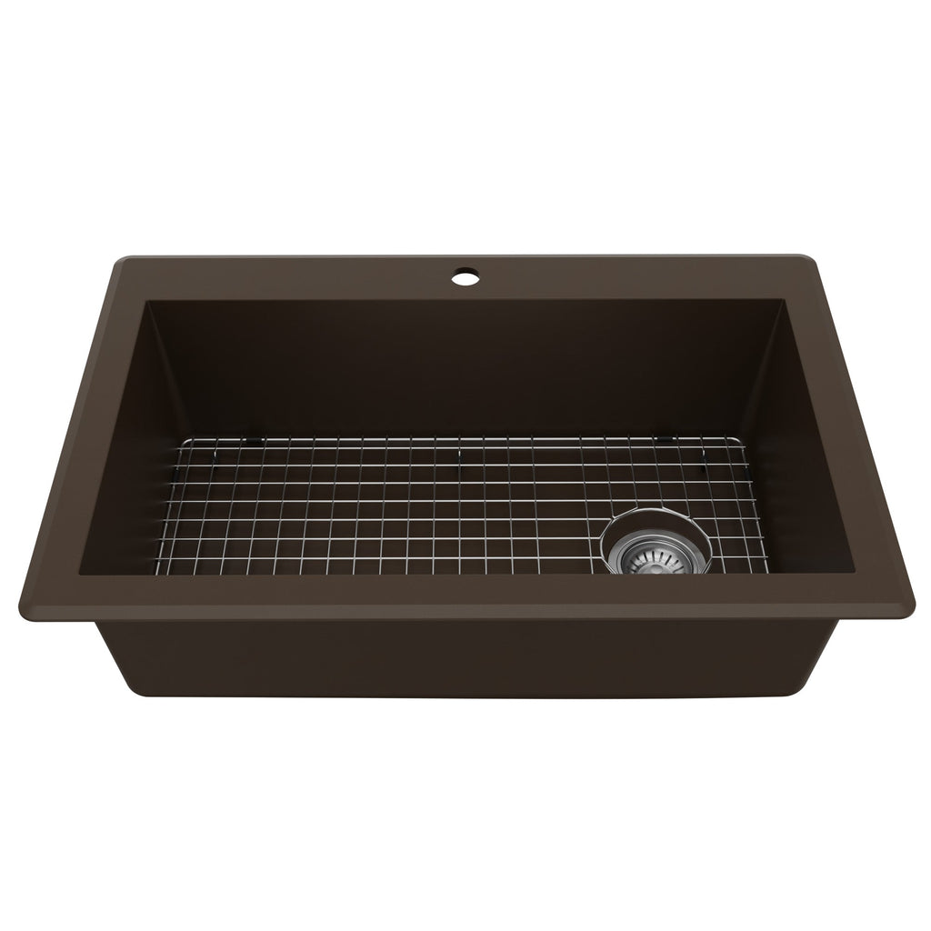 33" Top Mount Large Single Bowl Quartz Composite Kitchen Sink Kit In Brown
