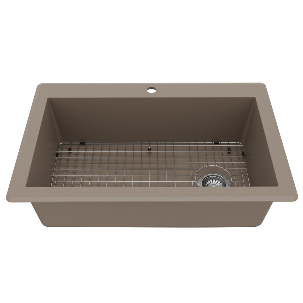 33" Top Mount Large Single Bowl Quartz Composite Kitchen Sink Kit In Concrete