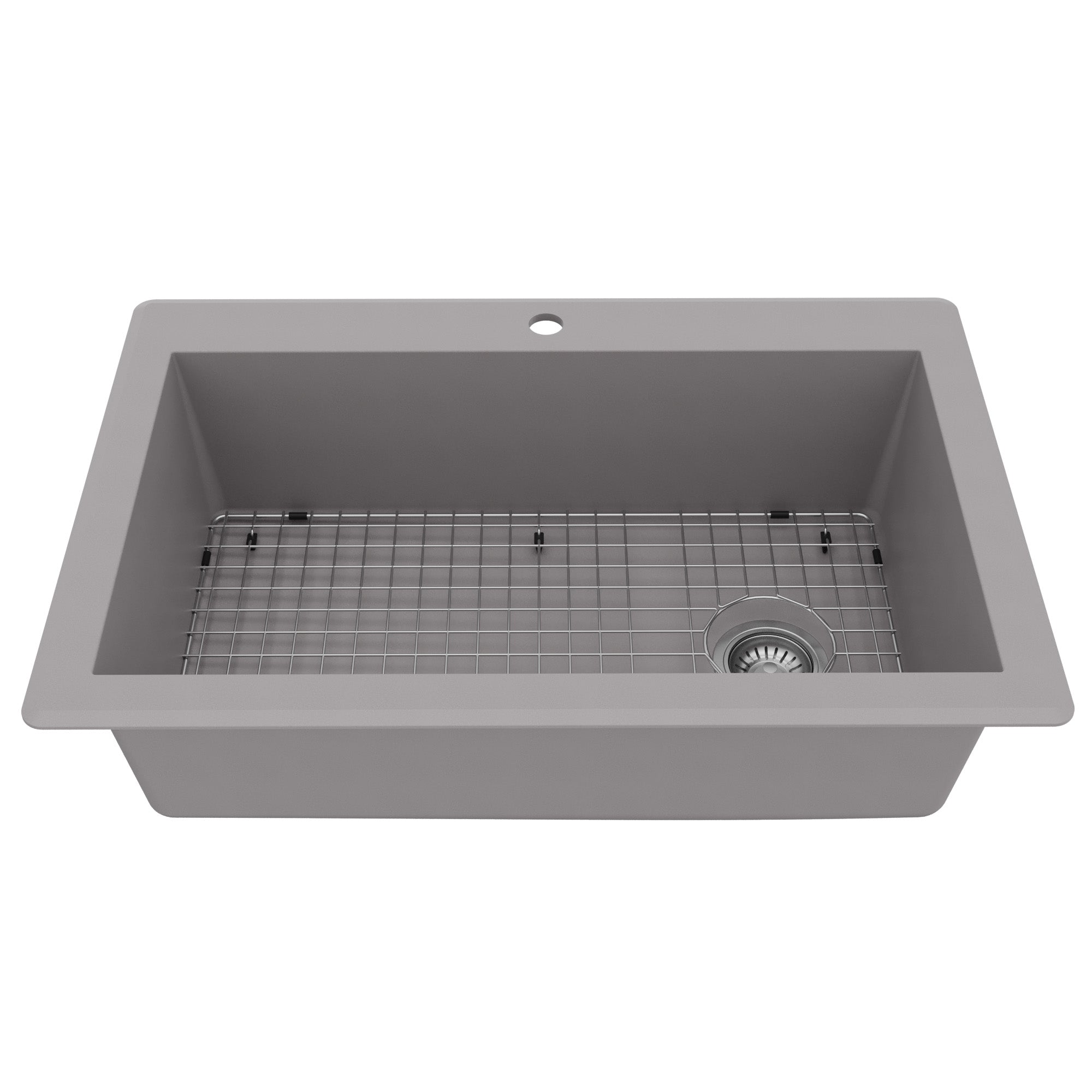 33" Top Mount Large Single Bowl Quartz Composite Kitchen Sink Kit In Grey
