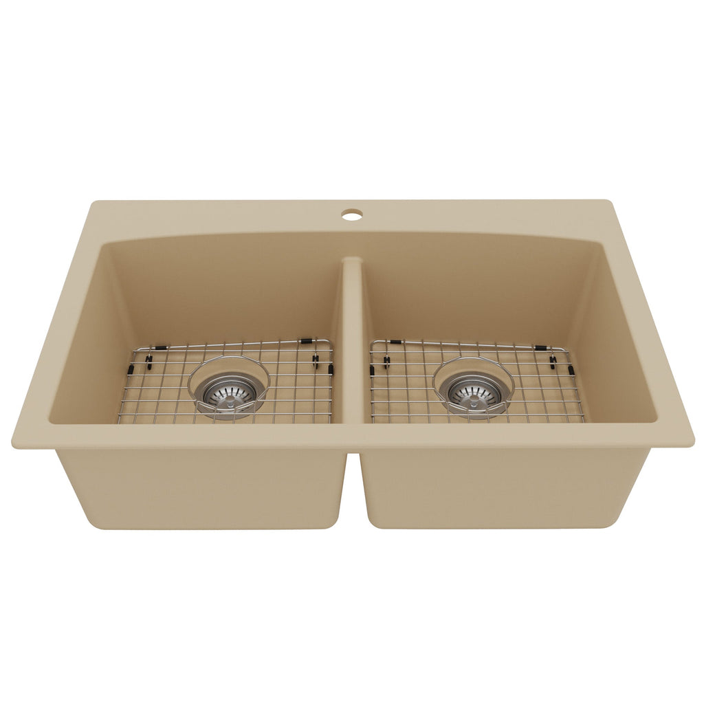 33" Top Mount Double Equal Bowl Quartz Composite Kitchen Sink Kit In Bisque