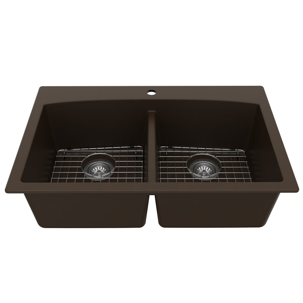 33" Top Mount Double Equal Bowl Quartz Composite Kitchen Sink Kit In Brown