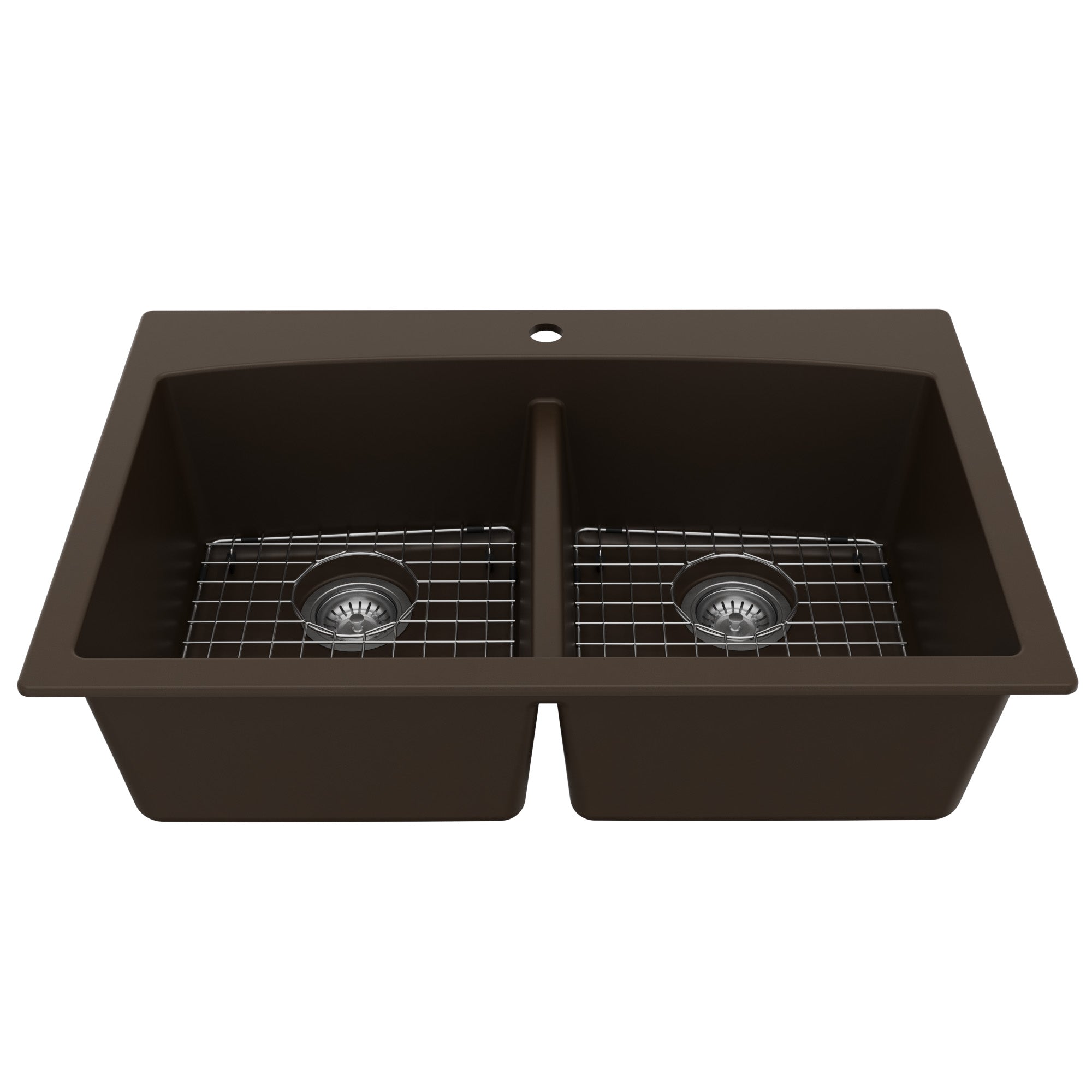 33" Top Mount Double Equal Bowl Quartz Composite Kitchen Sink Kit In Brown