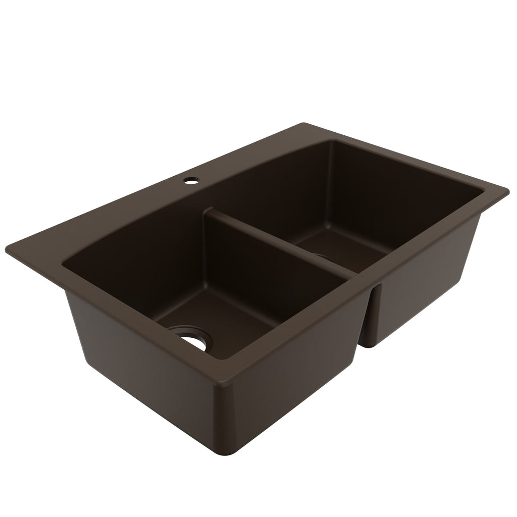 33" Top Mount Double Equal Bowl Quartz Composite Kitchen Sink In Brown