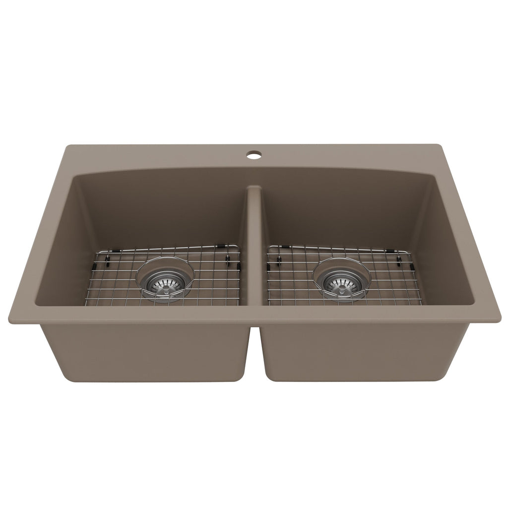 33" Top Mount Double Equal Bowl Quartz Composite Kitchen Sink Kit In Concrete