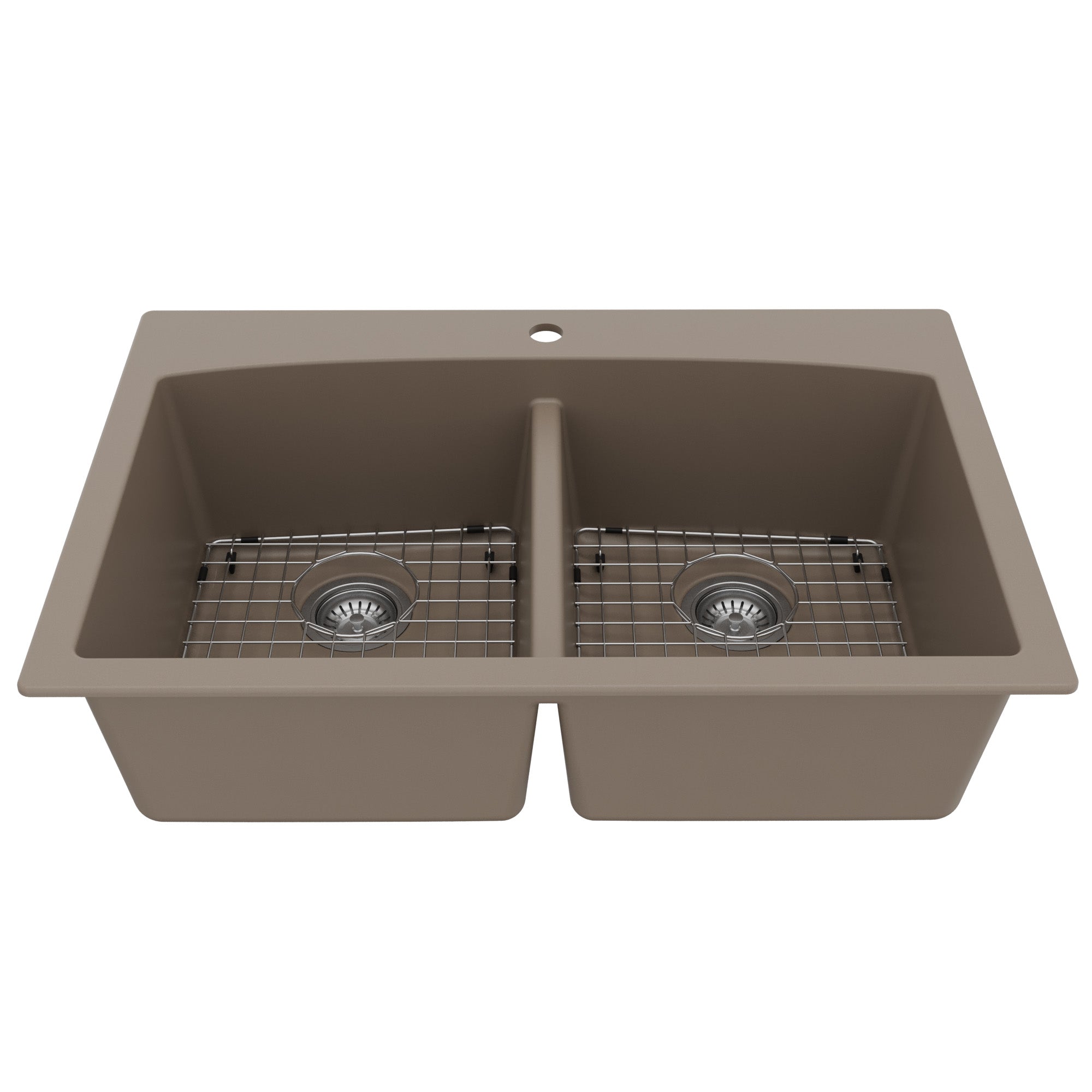 33" Top Mount Double Equal Bowl Quartz Composite Kitchen Sink Kit In Concrete