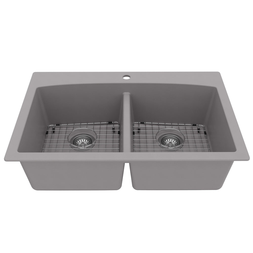 33" Top Mount Double Equal Bowl Quartz Composite Kitchen Sink Kit In Grey