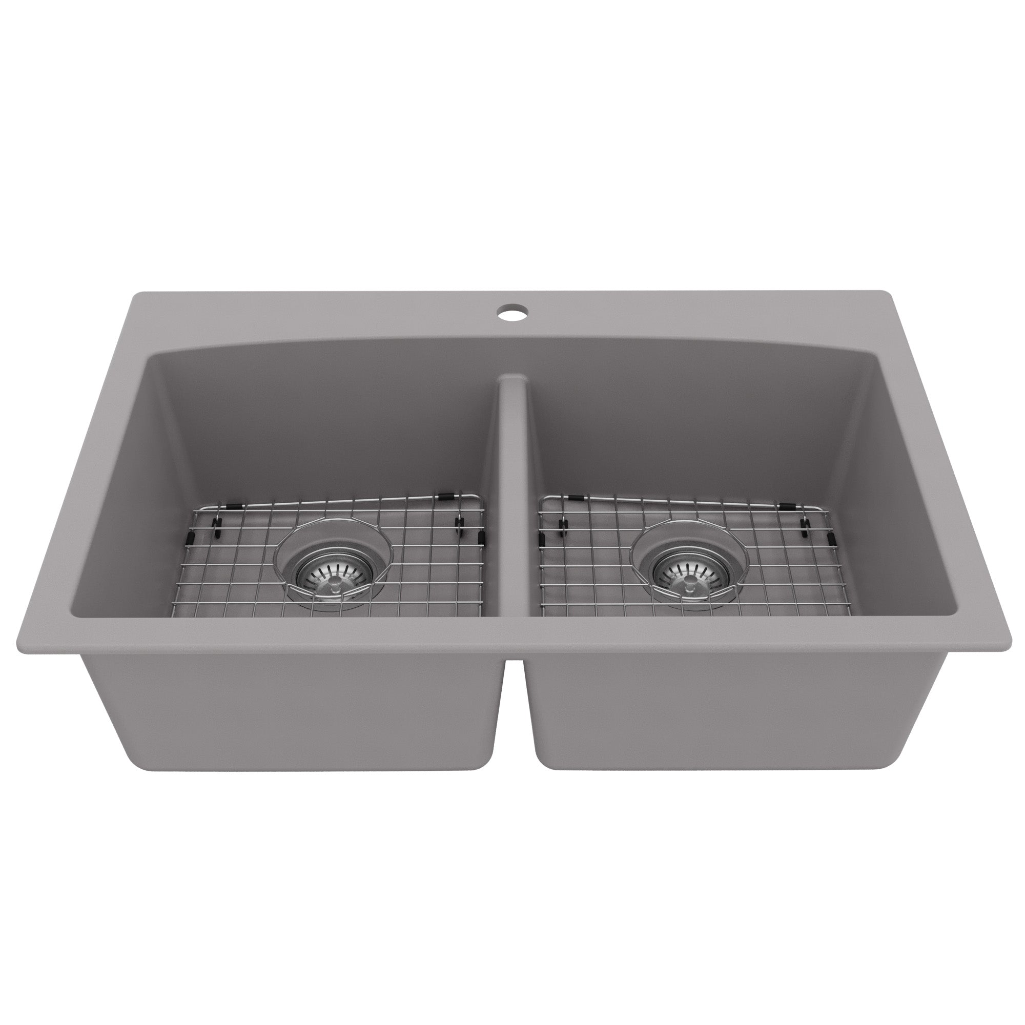 33" Top Mount Double Equal Bowl Quartz Composite Kitchen Sink Kit In Grey