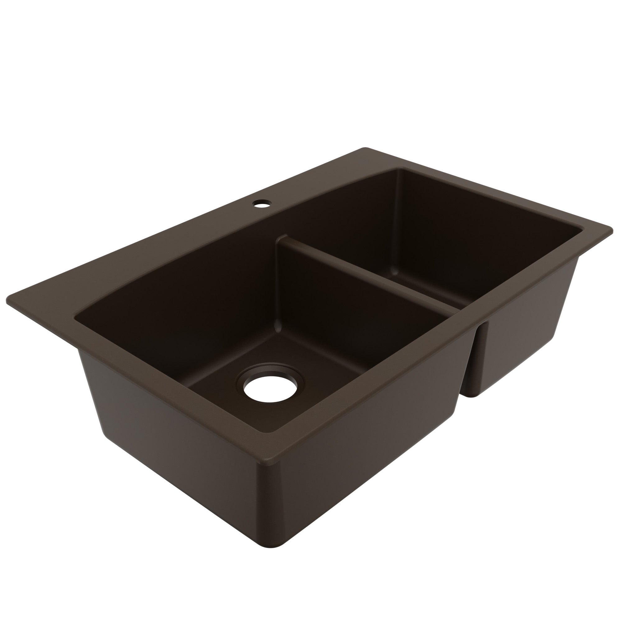 33" Top Mount Double Offset Bowl Quartz Composite Kitchen Sink In Brown