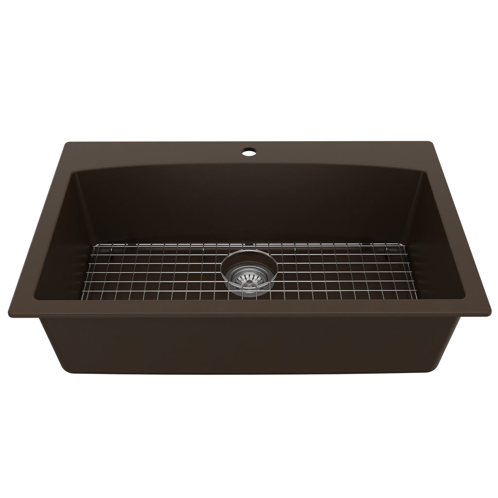 33" Top Mount Large Single Bowl Quartz Composite Kitchen Sink Kit In Brown