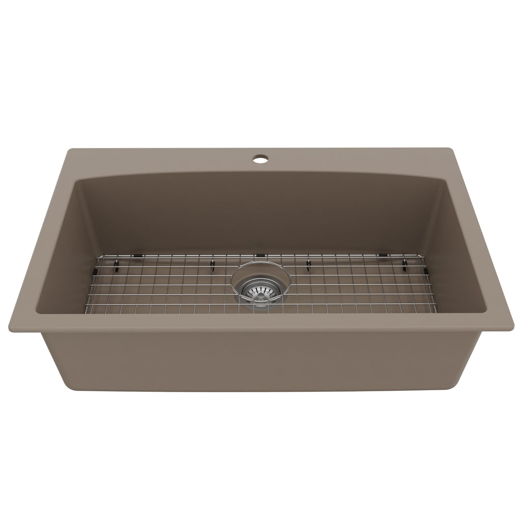 33" Top Mount Large Single Bowl Quartz Composite Kitchen Sink Kit Concrete