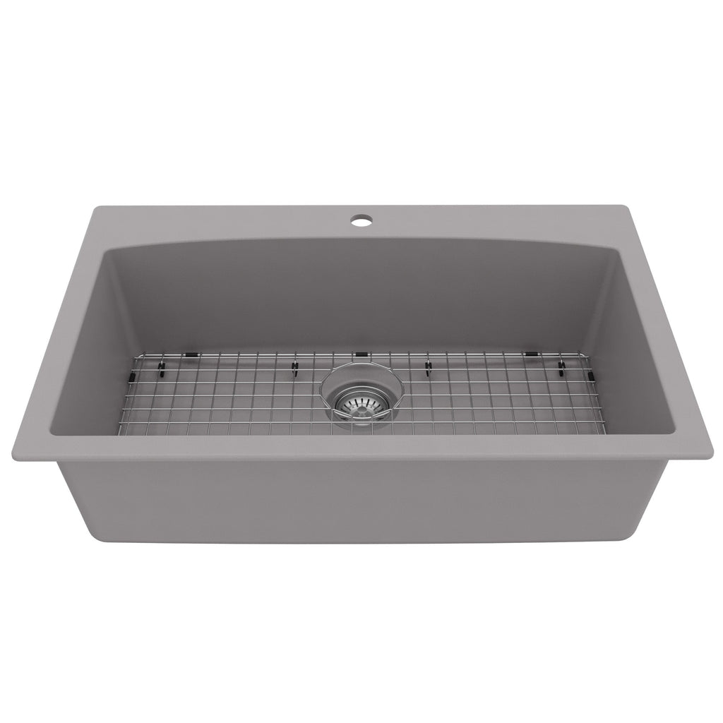 33" Top Mount Large Single Bowl Quartz Composite Kitchen Sink Kit Grey