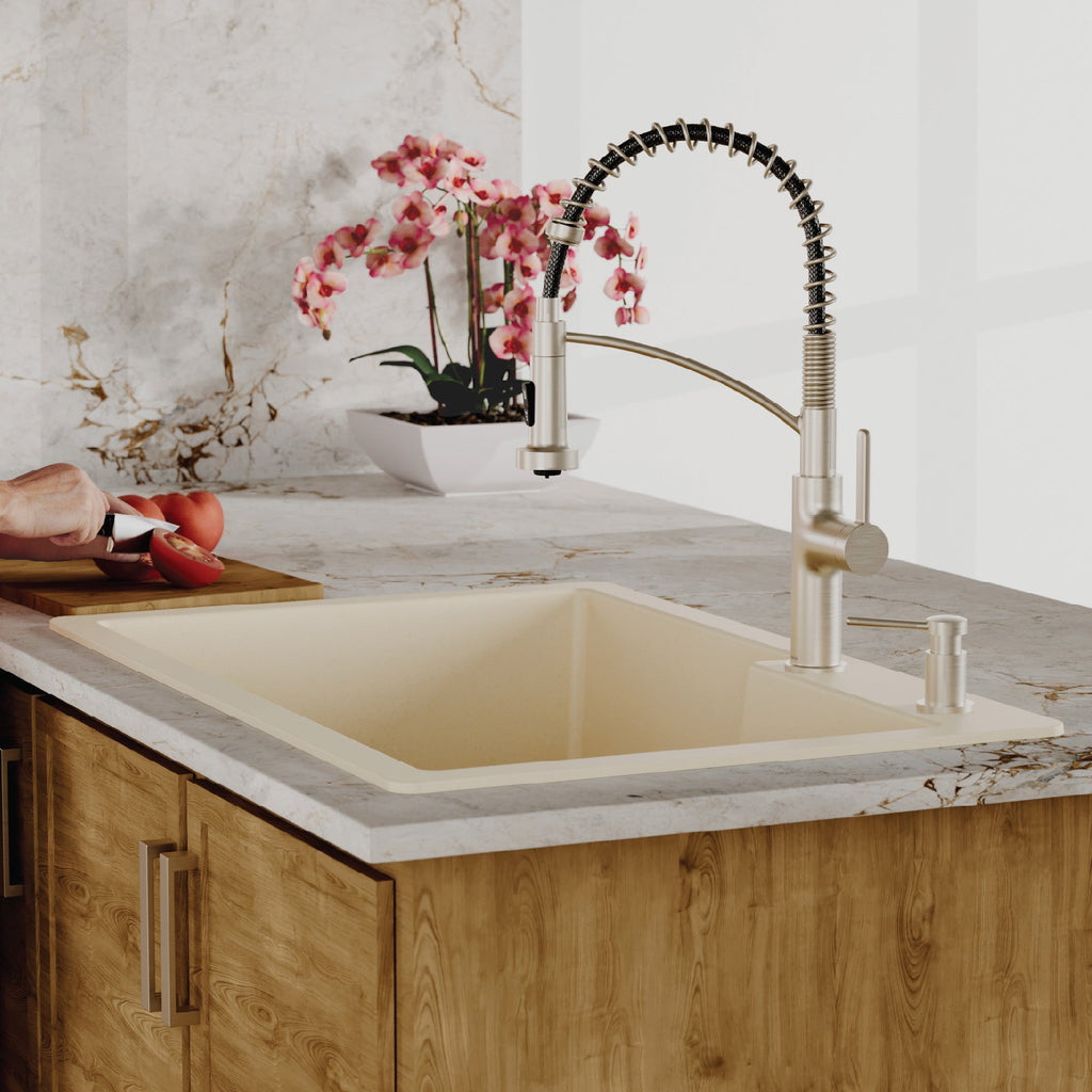 33" Top Mount Double Offset Bowl Quartz Composite Kitchen Sink Kit In Bisque