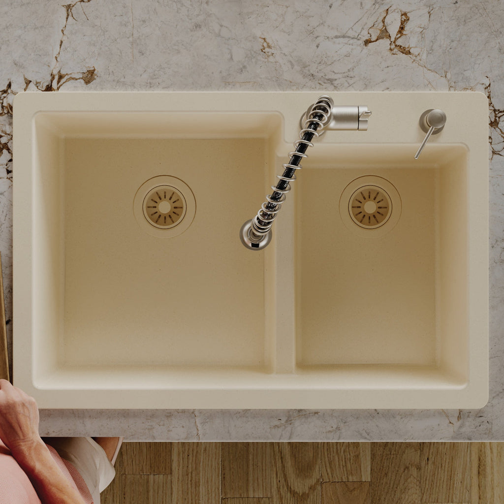 33" Top Mount Double Offset Bowl Quartz Composite Kitchen Sink In Bisque