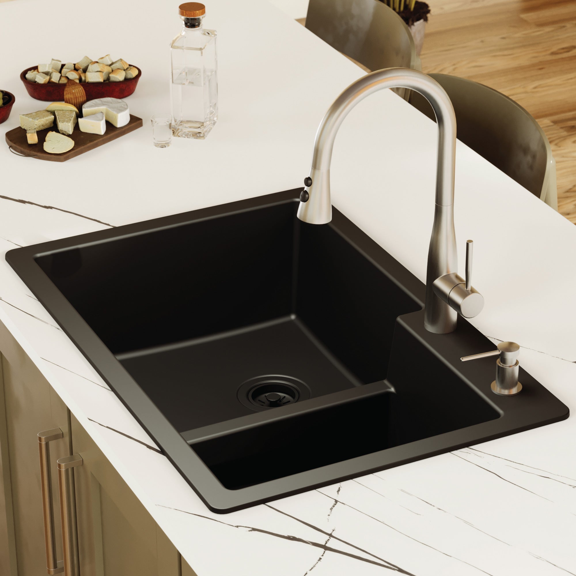 33" Top Mount Double Offset Bowl Quartz Composite Kitchen Sink In Black