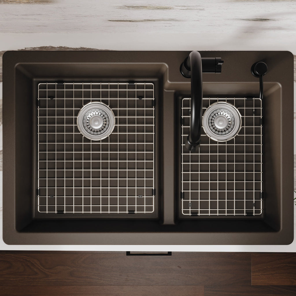 33" Top Mount Double Offset Bowl Quartz Composite Kitchen Sink Kit In Brown