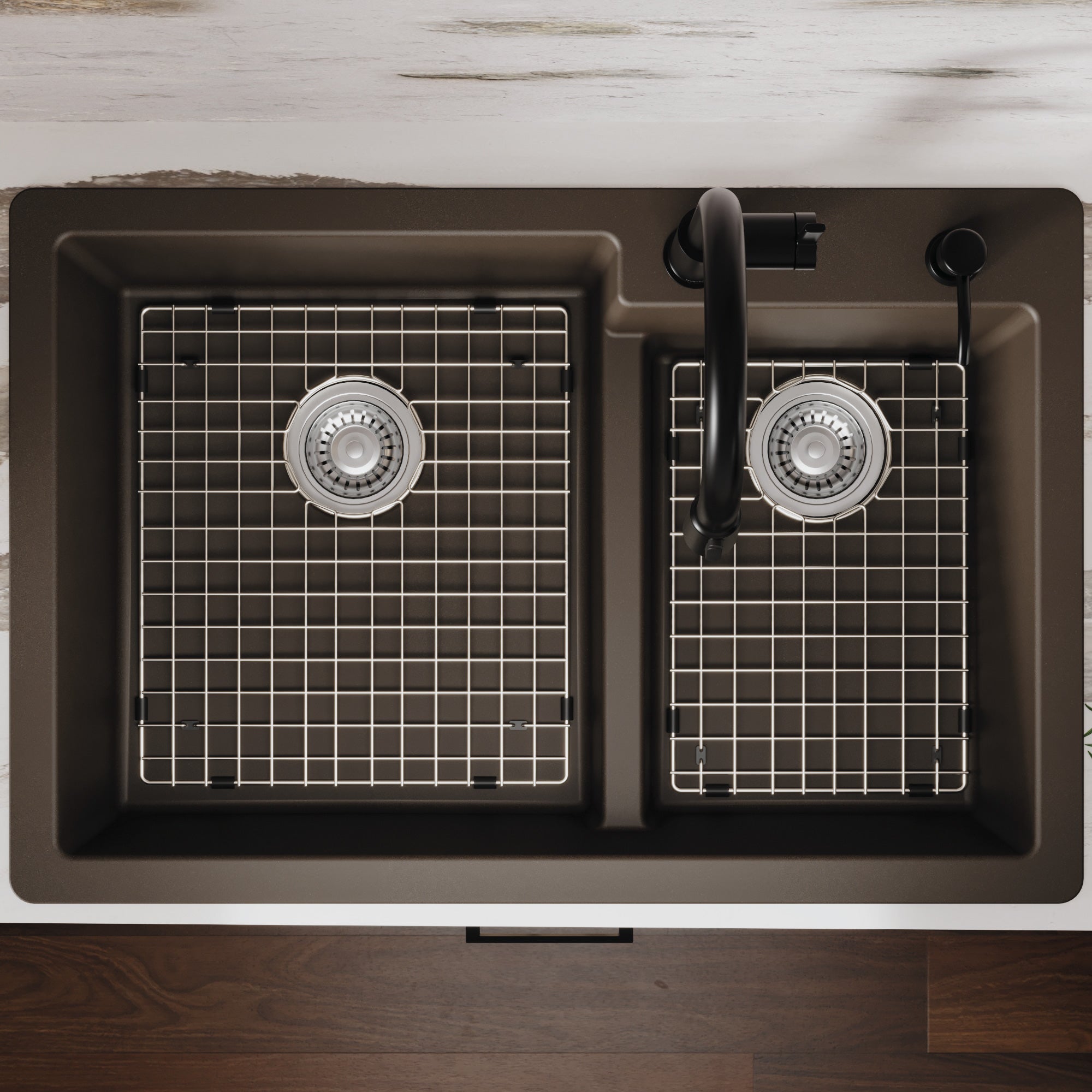 33" Top Mount Double Offset Bowl Quartz Composite Kitchen Sink Kit In Brown