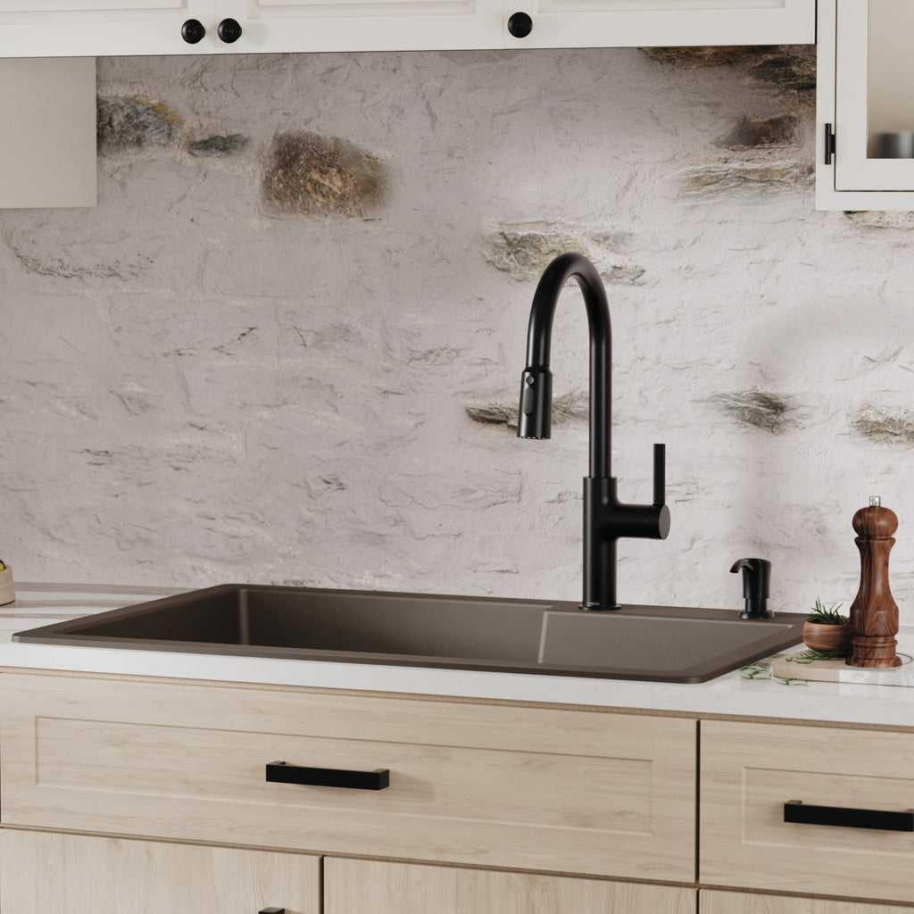33" Top Mount Double Offset Bowl Quartz Composite Kitchen Sink In Brown