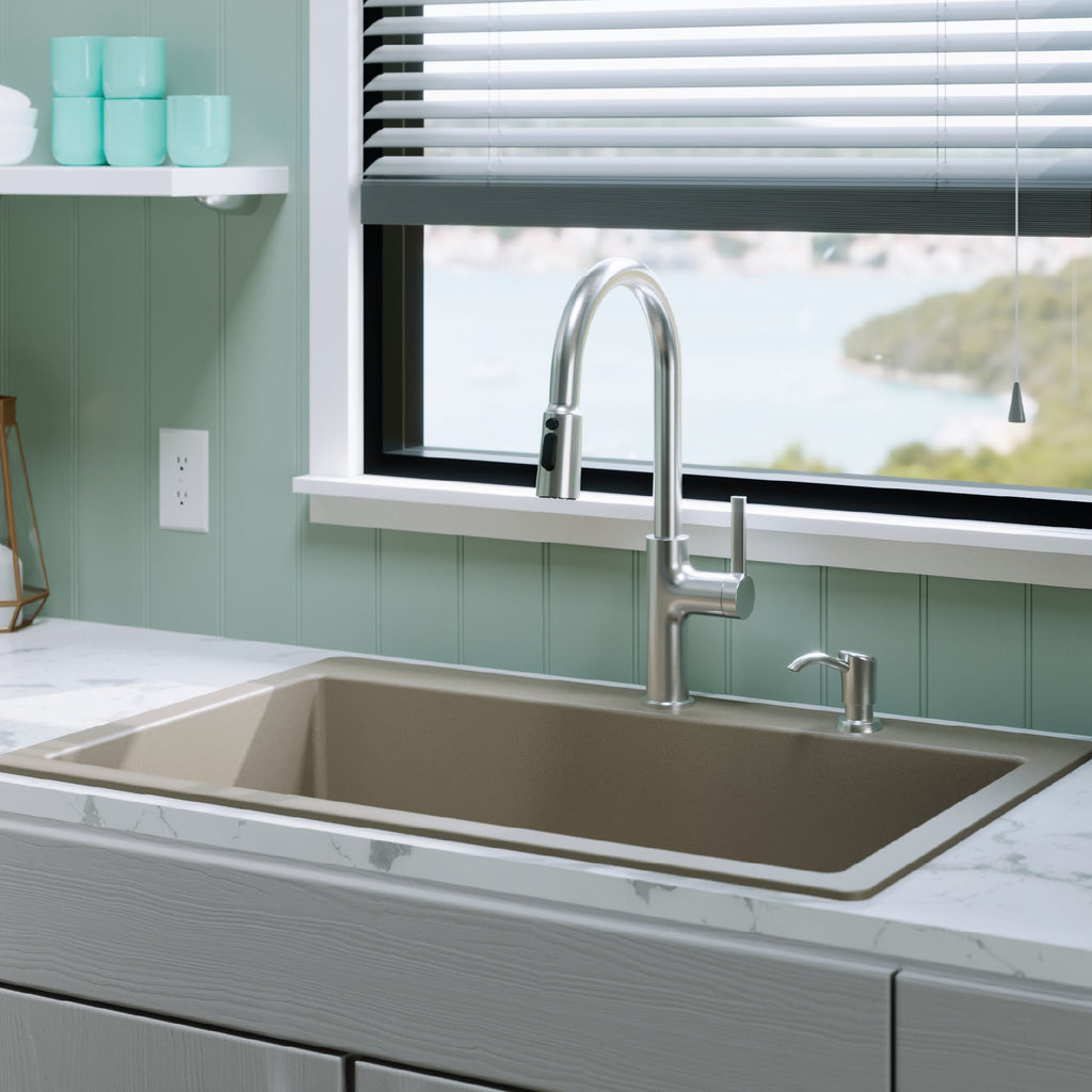 33" Top Mount Large Single Bowl Quartz Composite Kitchen Sink Kit In Concrete