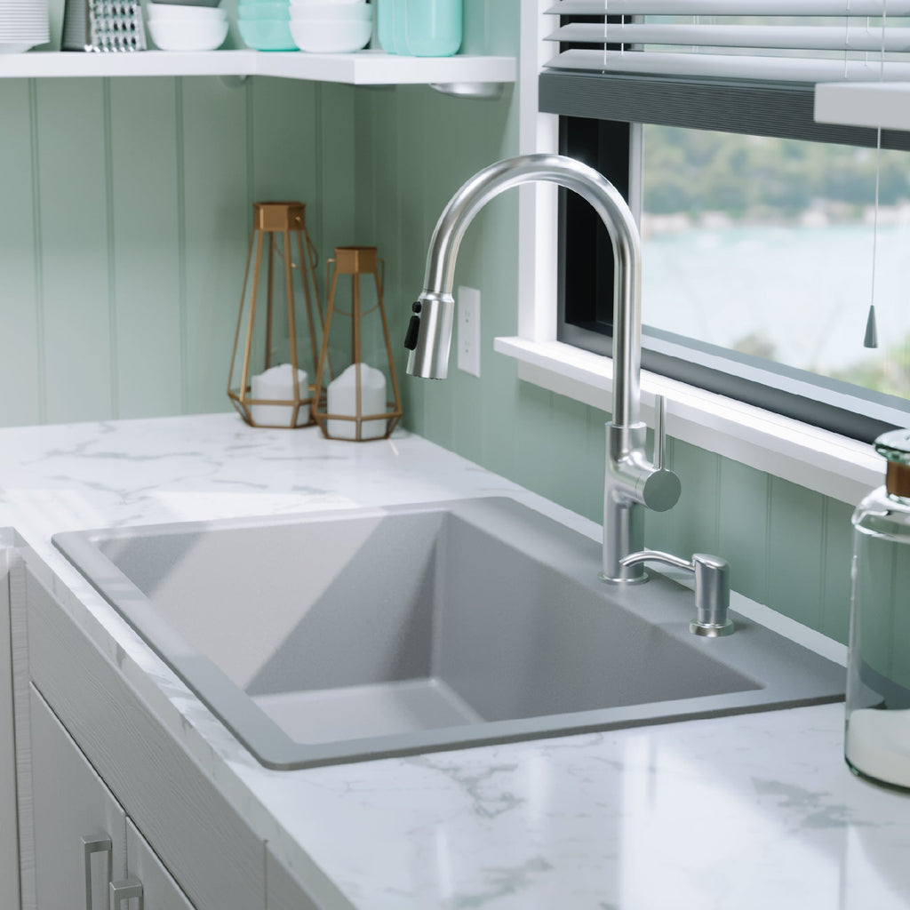 33" Top Mount Large Single Bowl Quartz Composite Kitchen Sink In Grey