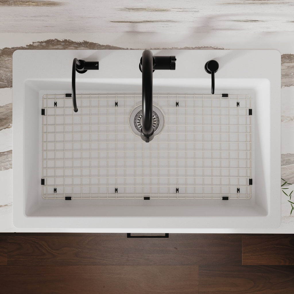 33" Top Mount Large Single Bowl Quartz Composite Kitchen Sink Kit In White