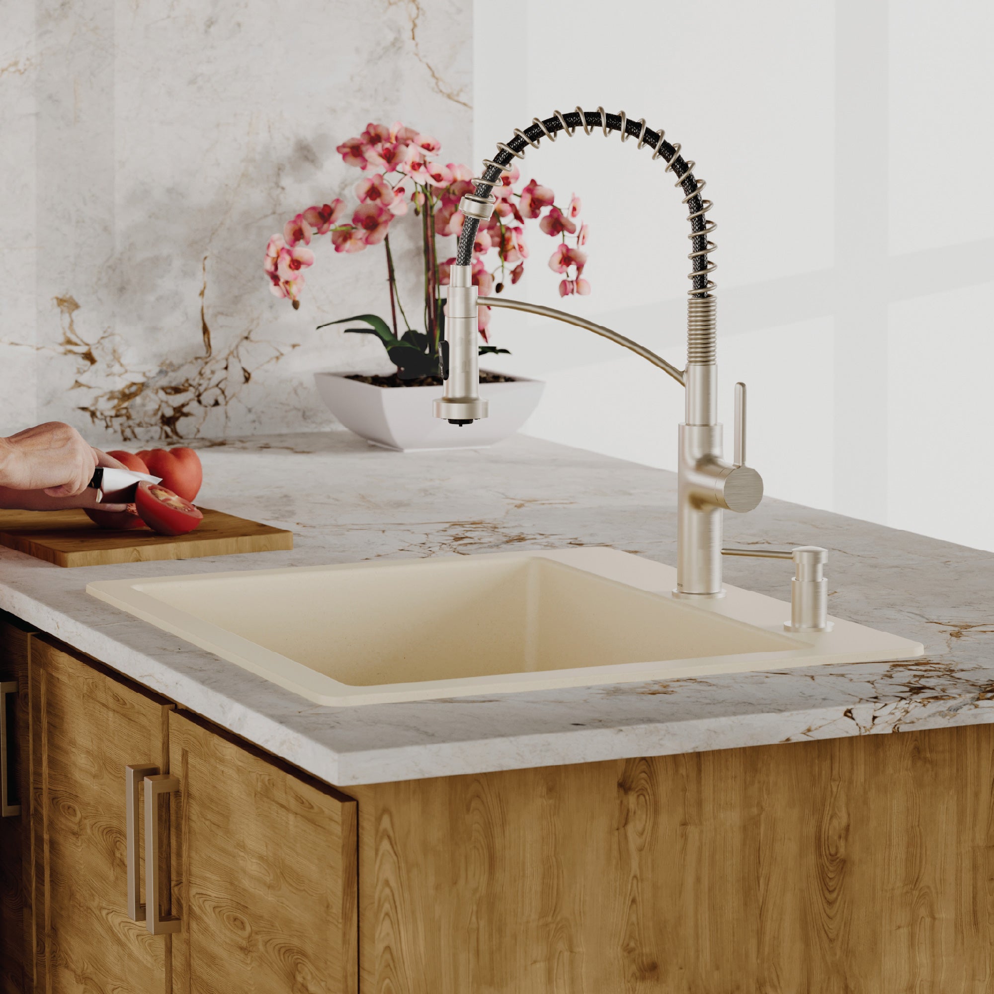 25" Top Mount Single Bowl Quartz Composite Kitchen Sink Kit In Bisque
