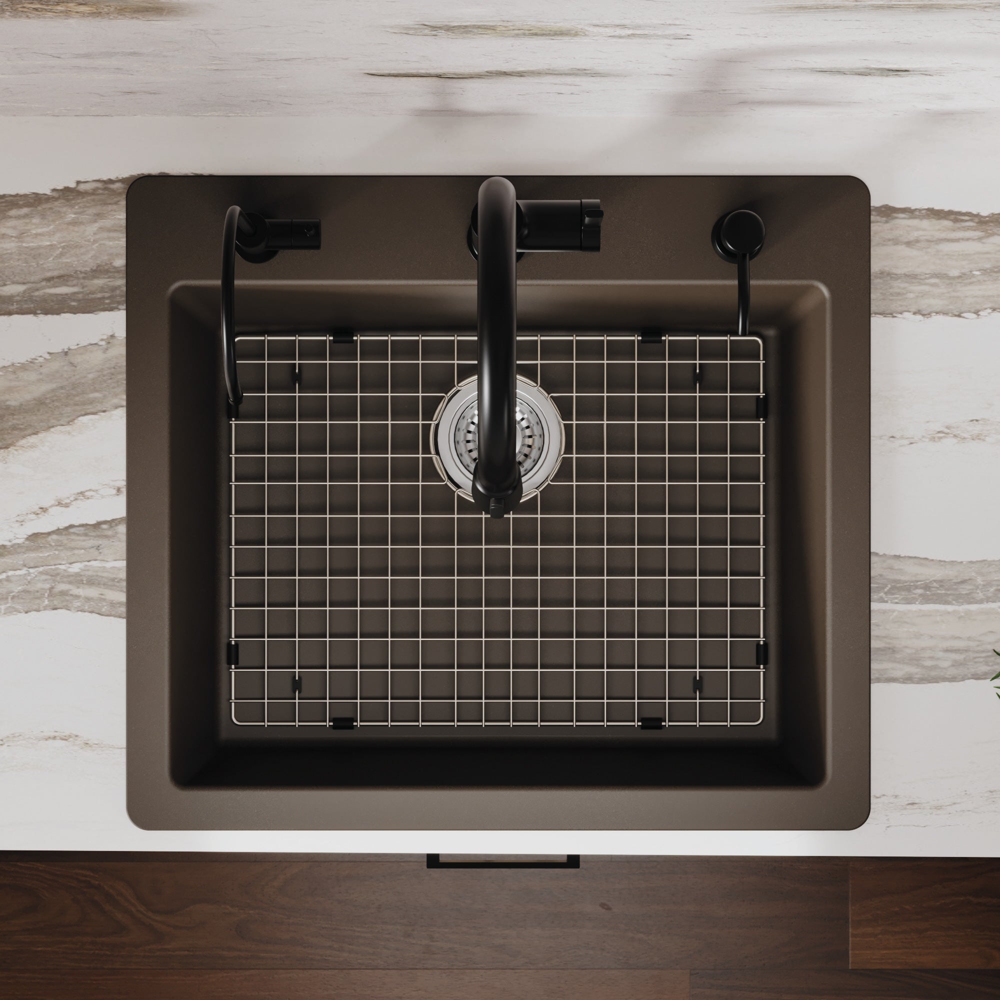 25" Top Mount Single Bowl Quartz Composite Kitchen Sink Kit In Brown