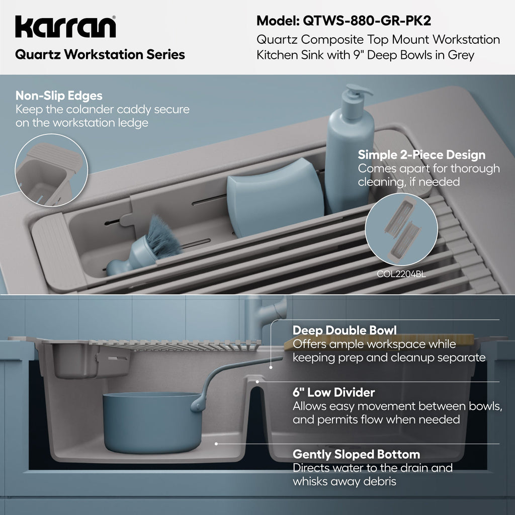 33" Top Mount Double Bowl Quartz Kitchen Sink Kit In Grey