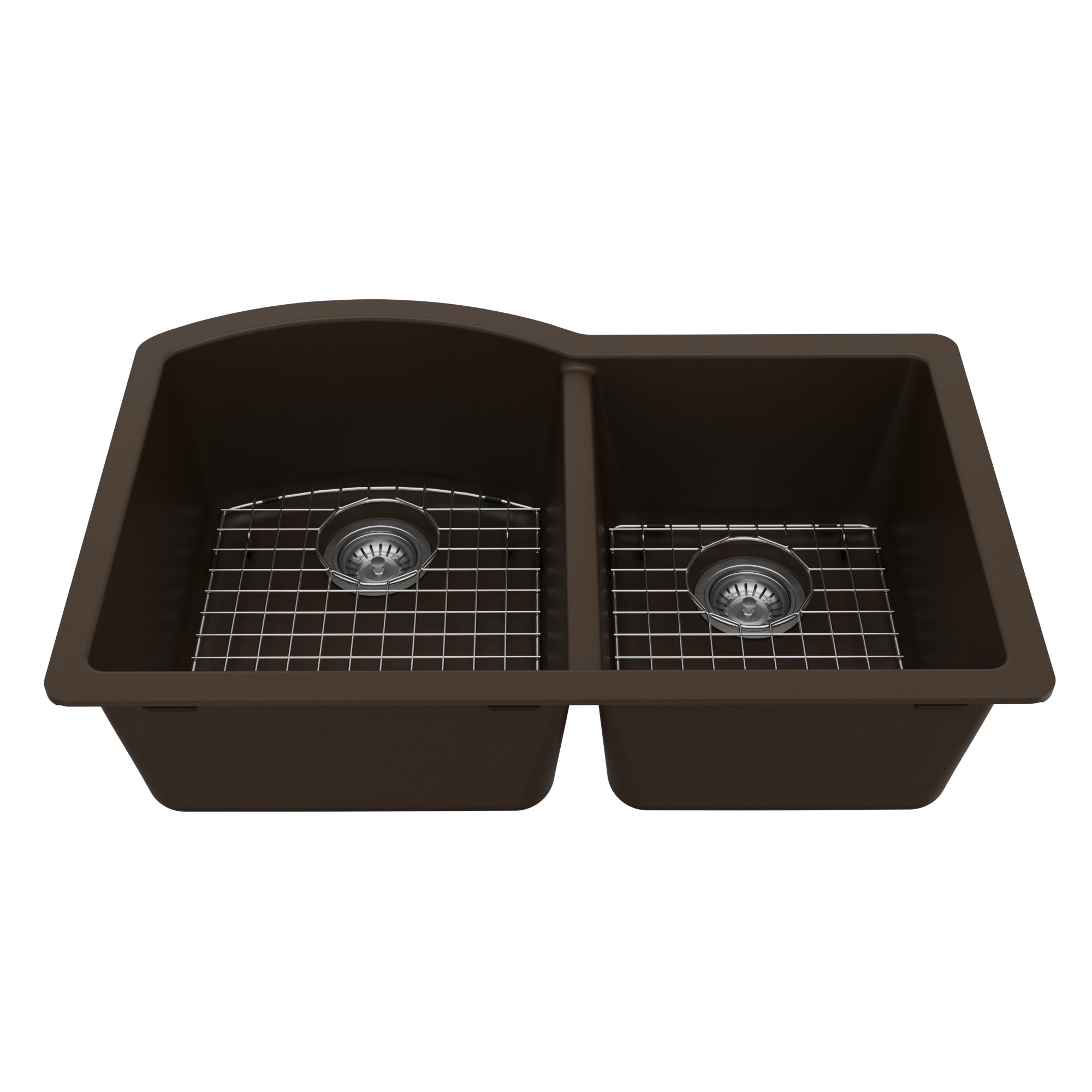 32-1/4" Undermount Double Offset Bowl Quartz Composite Kitchen Sink Kit In Brown