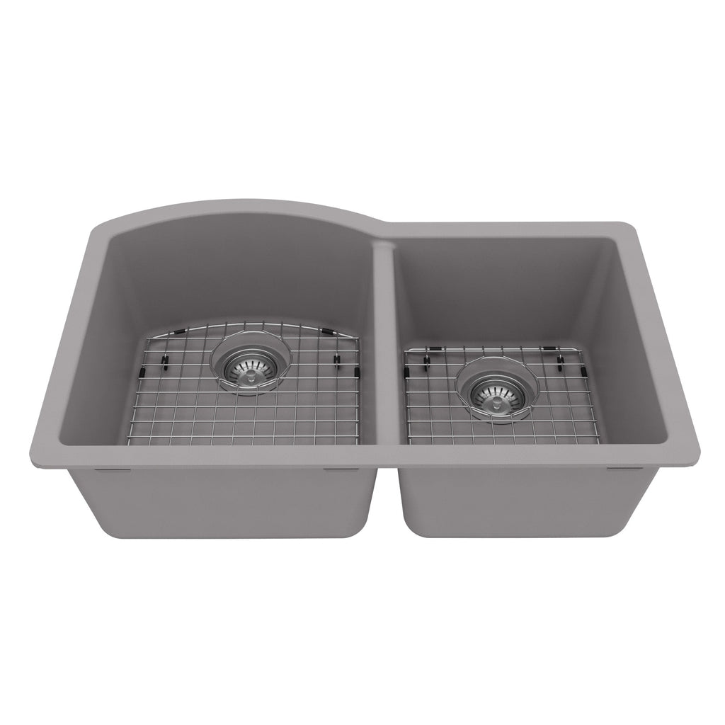 32-1/4" Undermount Double Offset Bowl Quartz Composite Kitchen Sink Kit In Grey