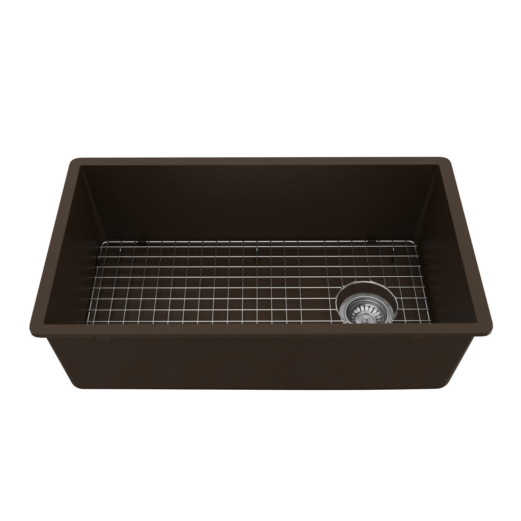 31-5/8" Undermount Large Single Bowl Quartz Composite Kitchen Sink Kit In Brown