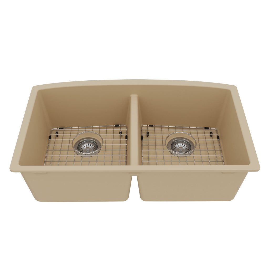 32-1/2" Undermount Double Equal Bowl Quartz Composite Kitchen Sink Kit In Bisque