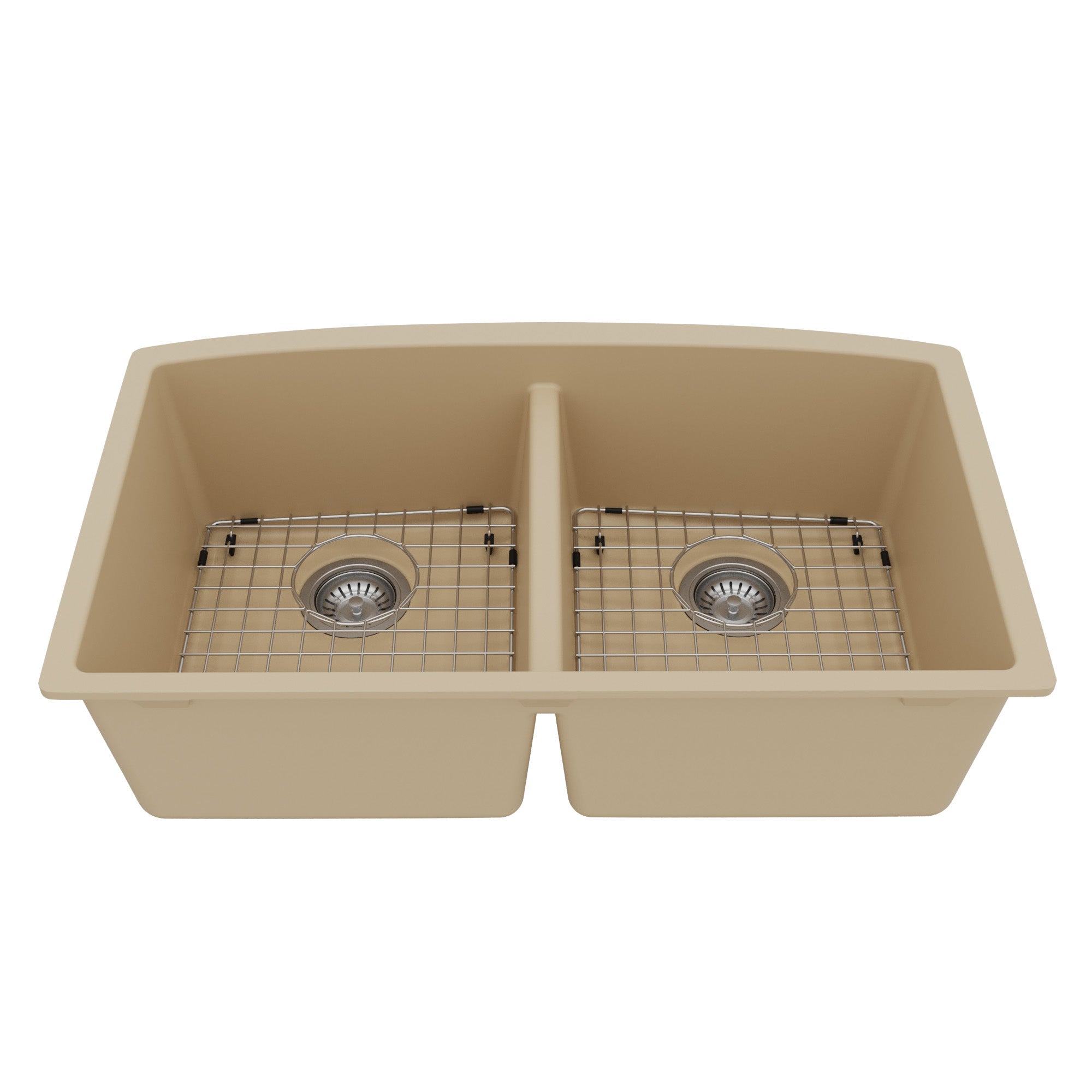 32-1/2" Undermount Double Equal Bowl Quartz Composite Kitchen Sink Kit In Bisque