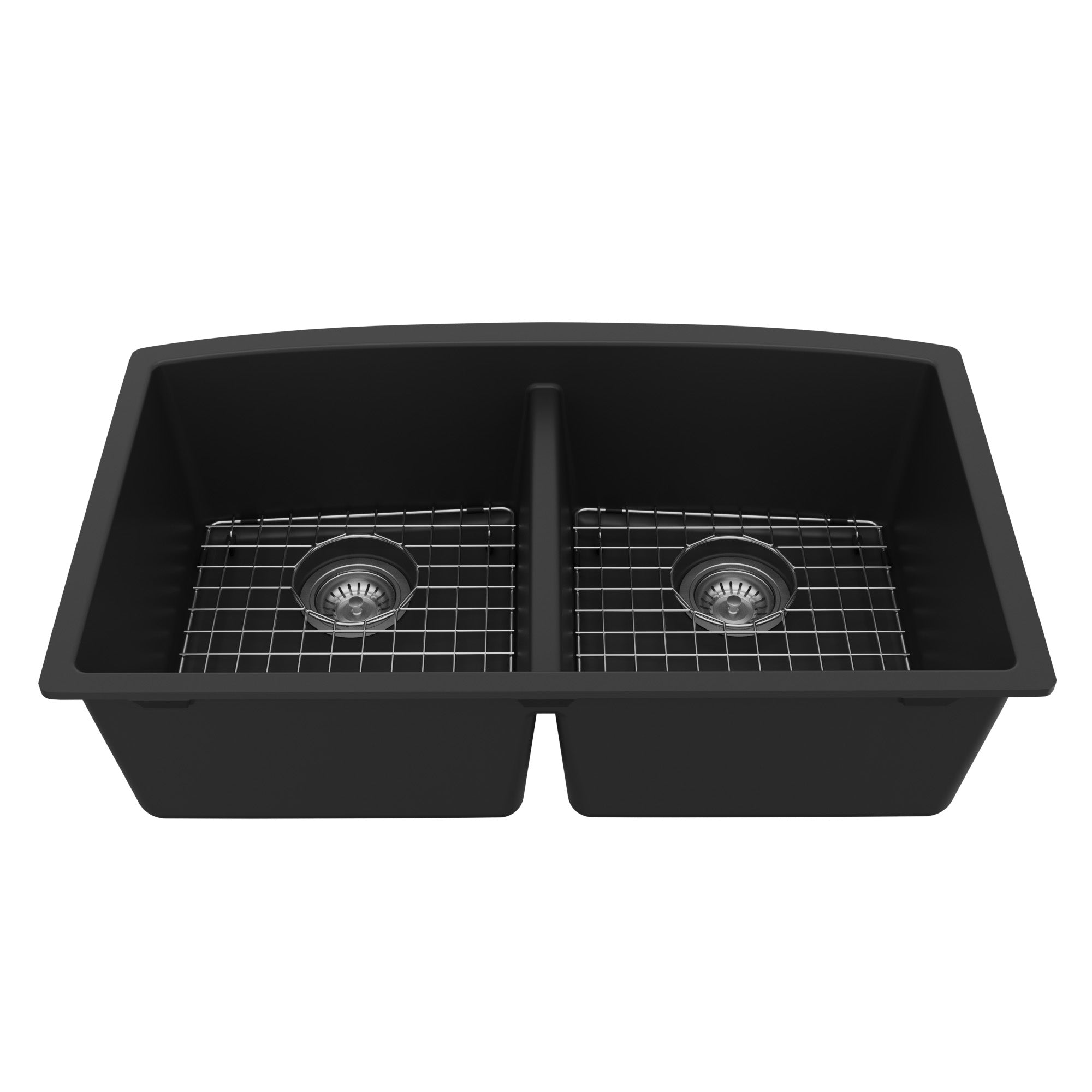 32-1/2" Undermount Double Equal Bowl Quartz Composite Kitchen Sink Kit In Black