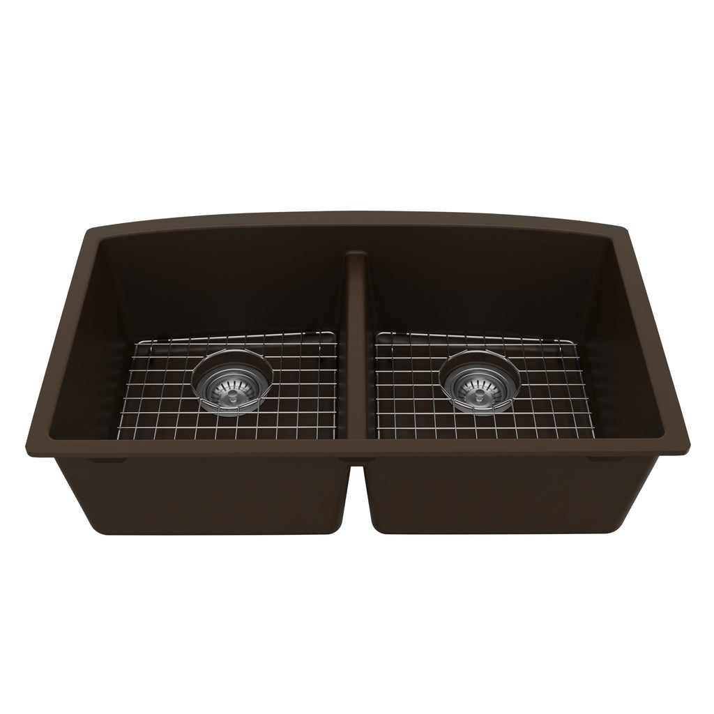 32-1/2" Undermount Double Equal Bowl Quartz Composite Kitchen Sink Kit In Brown