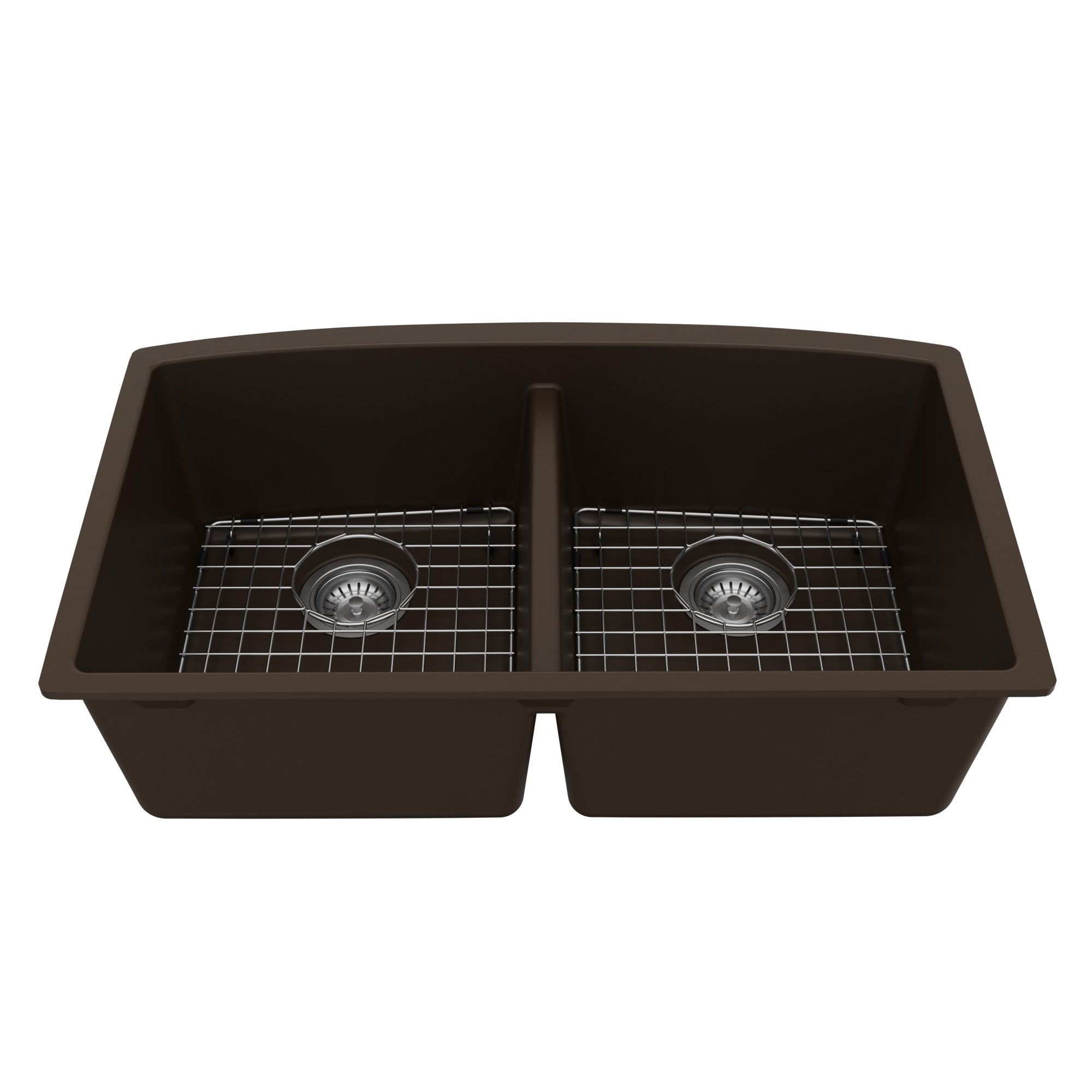 32-1/2" Undermount Double Equal Bowl Quartz Composite Kitchen Sink Kit In Brown