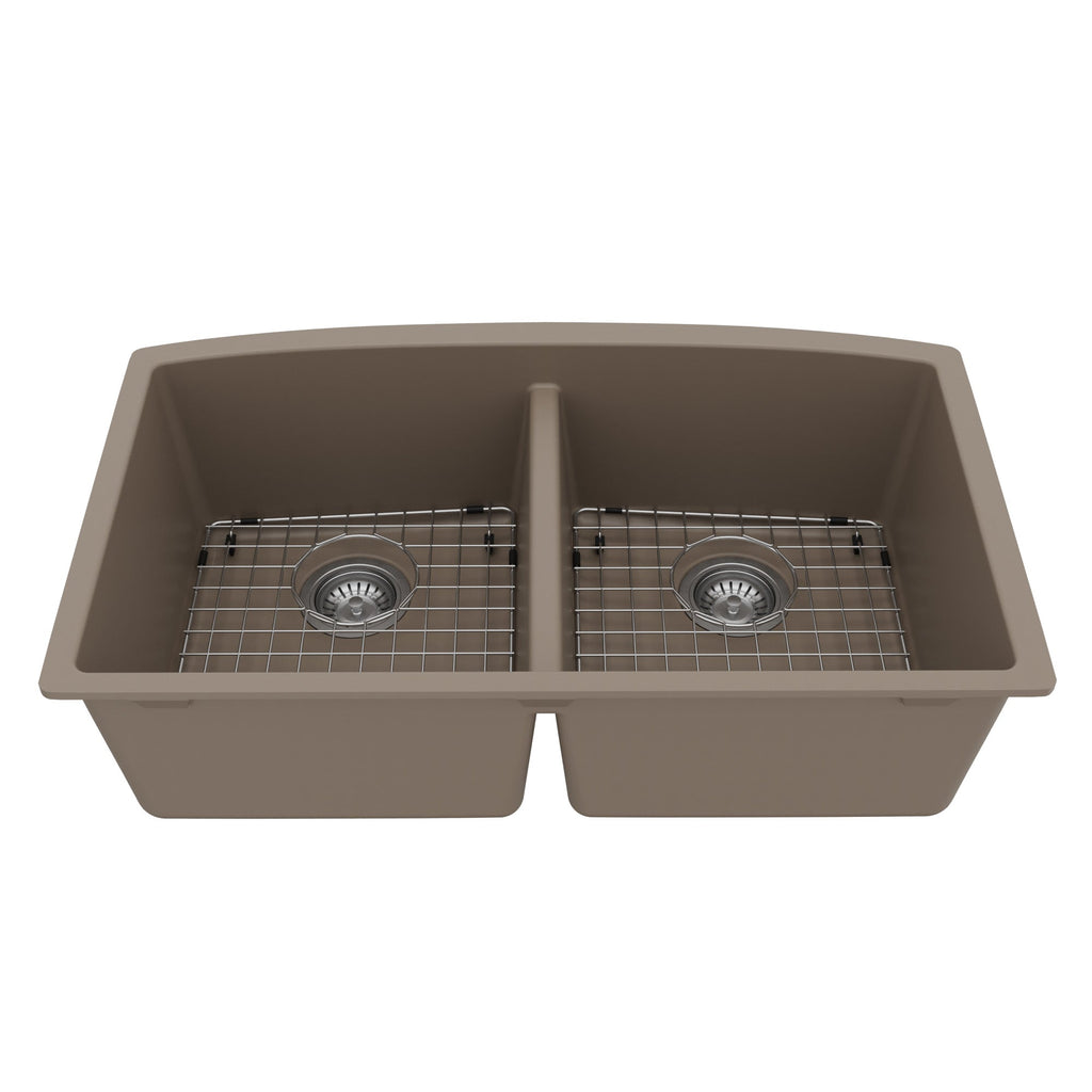 32-1/2" Undermount Double Equal Bowl Quartz Composite Kitchen Sink Kit In Concrete